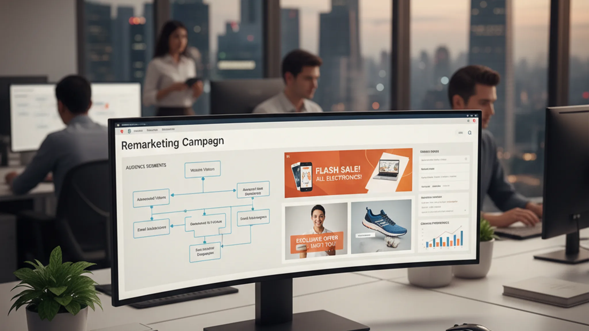 Digital marketing remarketing campaign displayed on a monitor showing audience segments in a modern Singapore office