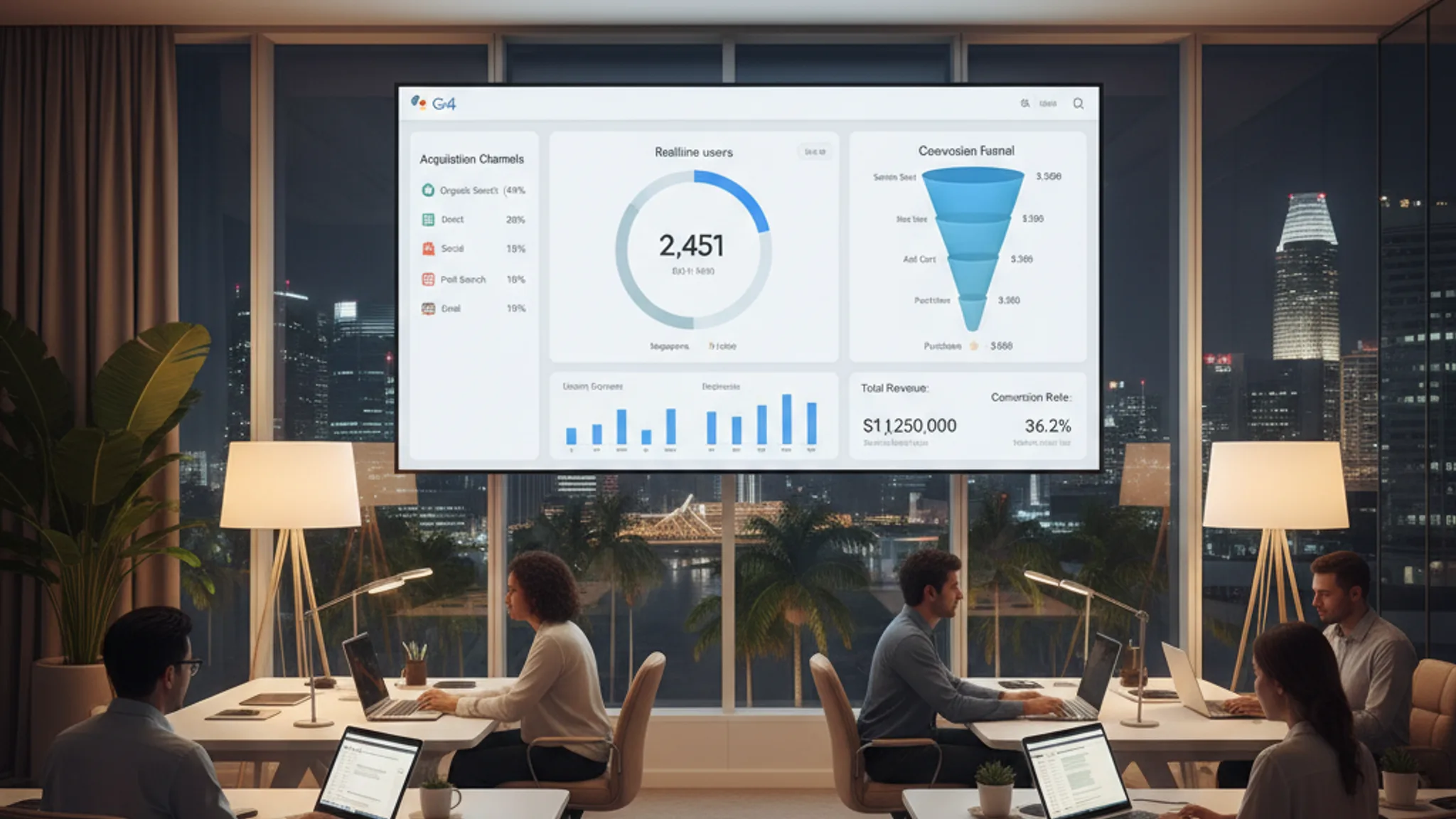 Google Analytics 4 dashboard displaying real-time user data and conversion funnels on a monitor in a modern Singapore office