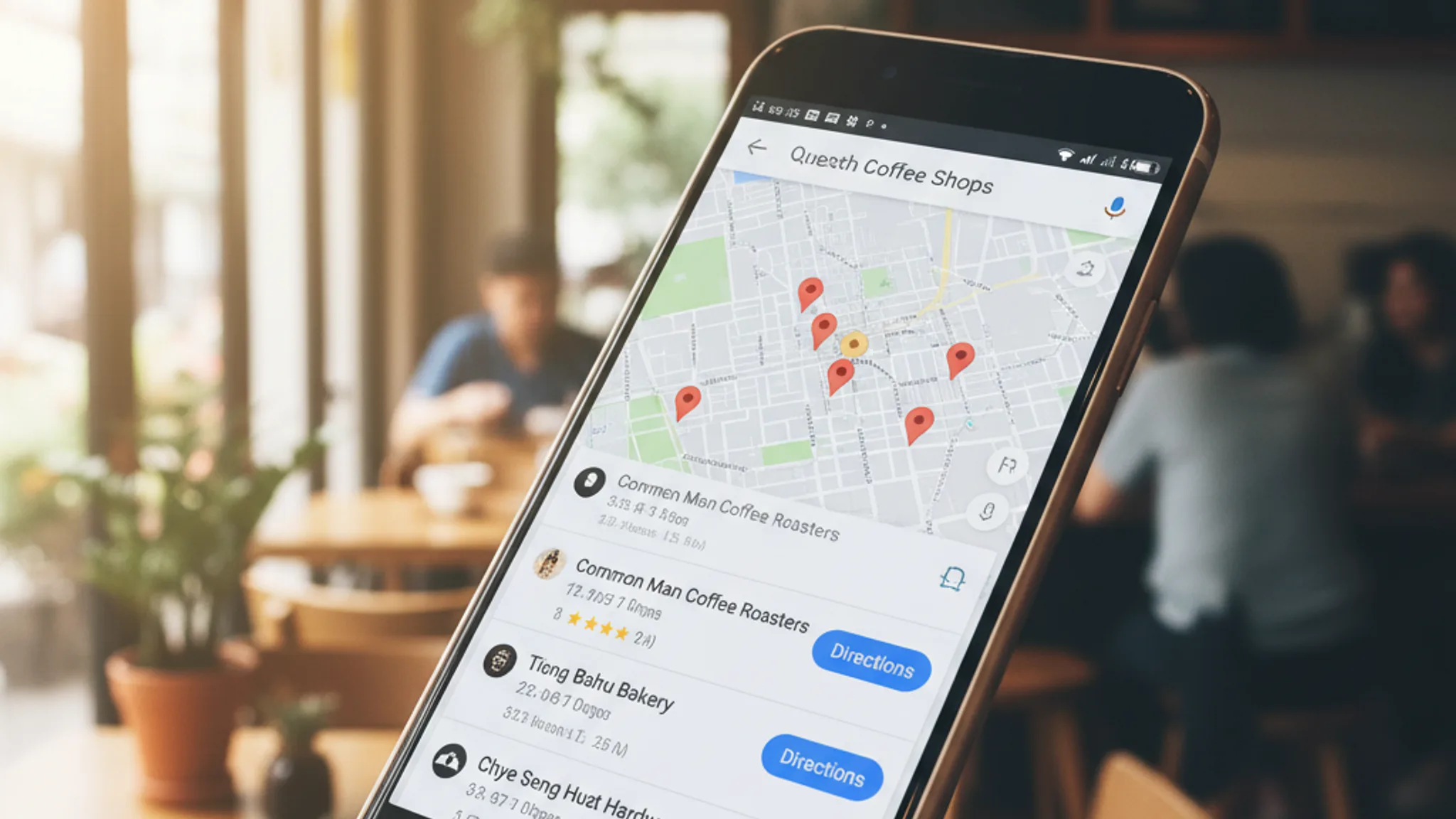 Google Maps search results showing local businesses in Singapore on a smartphone with a warm cafe interior in the background