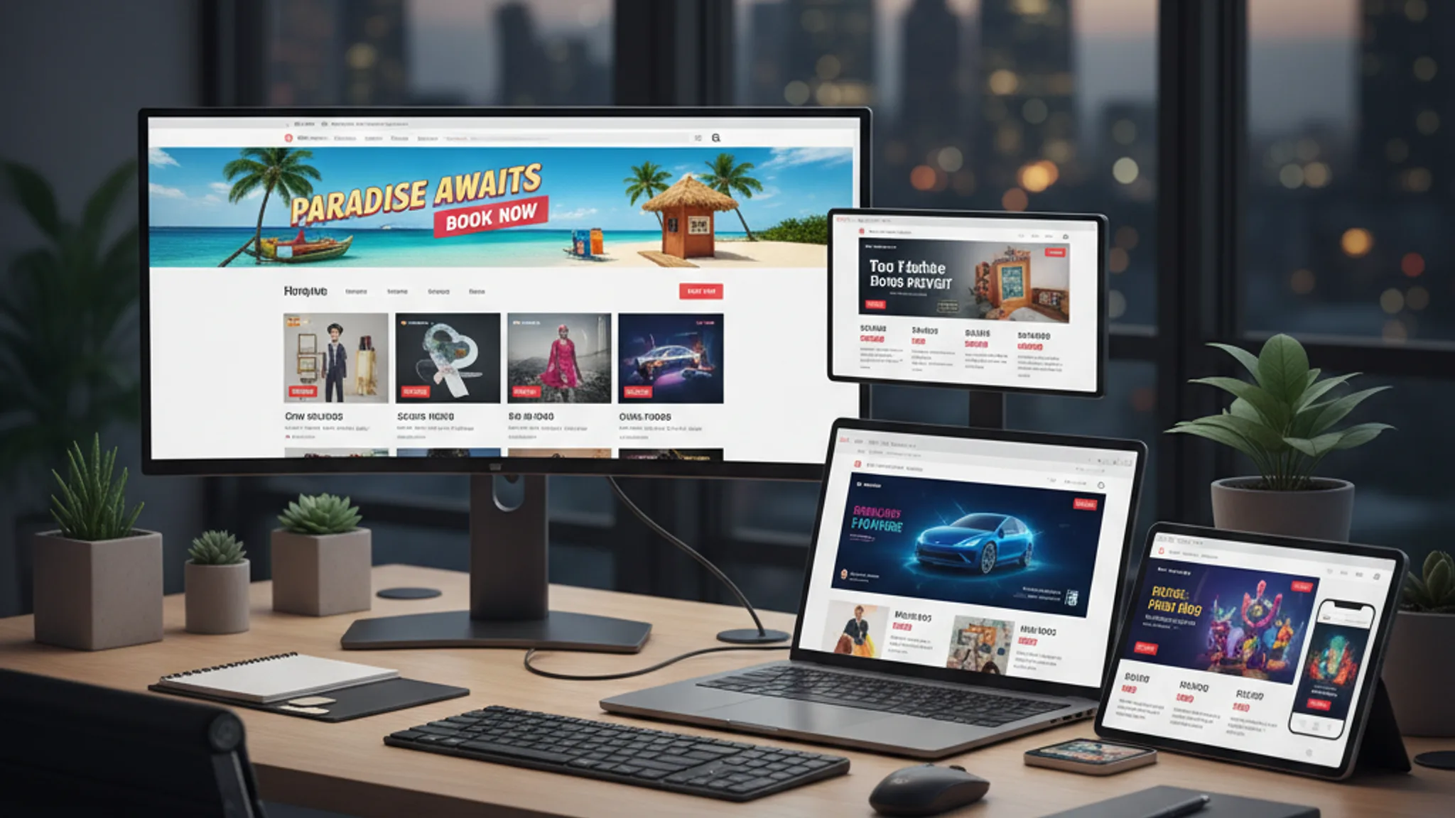 Multiple screens showing display banner ads on various websites