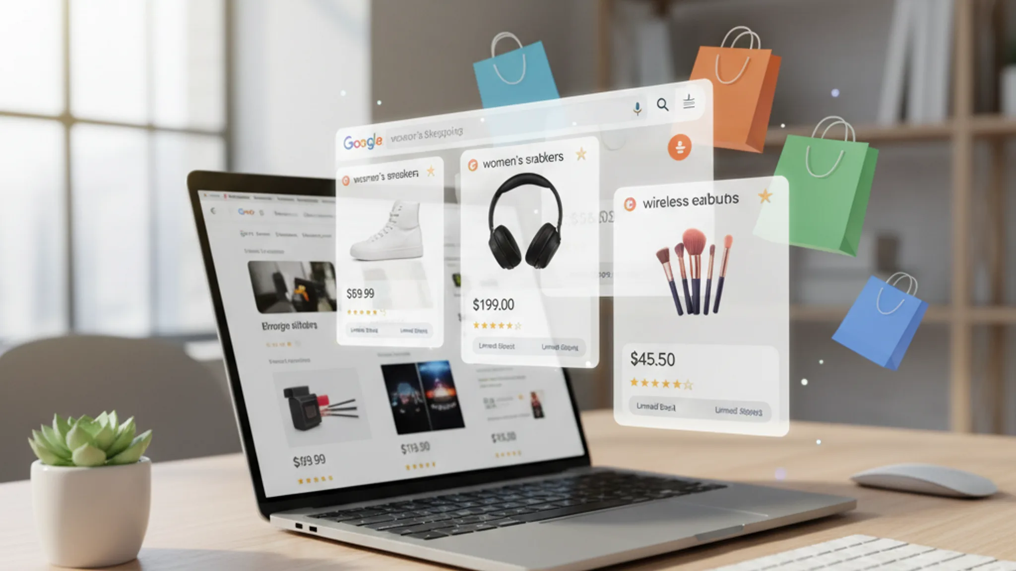 Google Shopping product cards floating above laptop with e-commerce interface