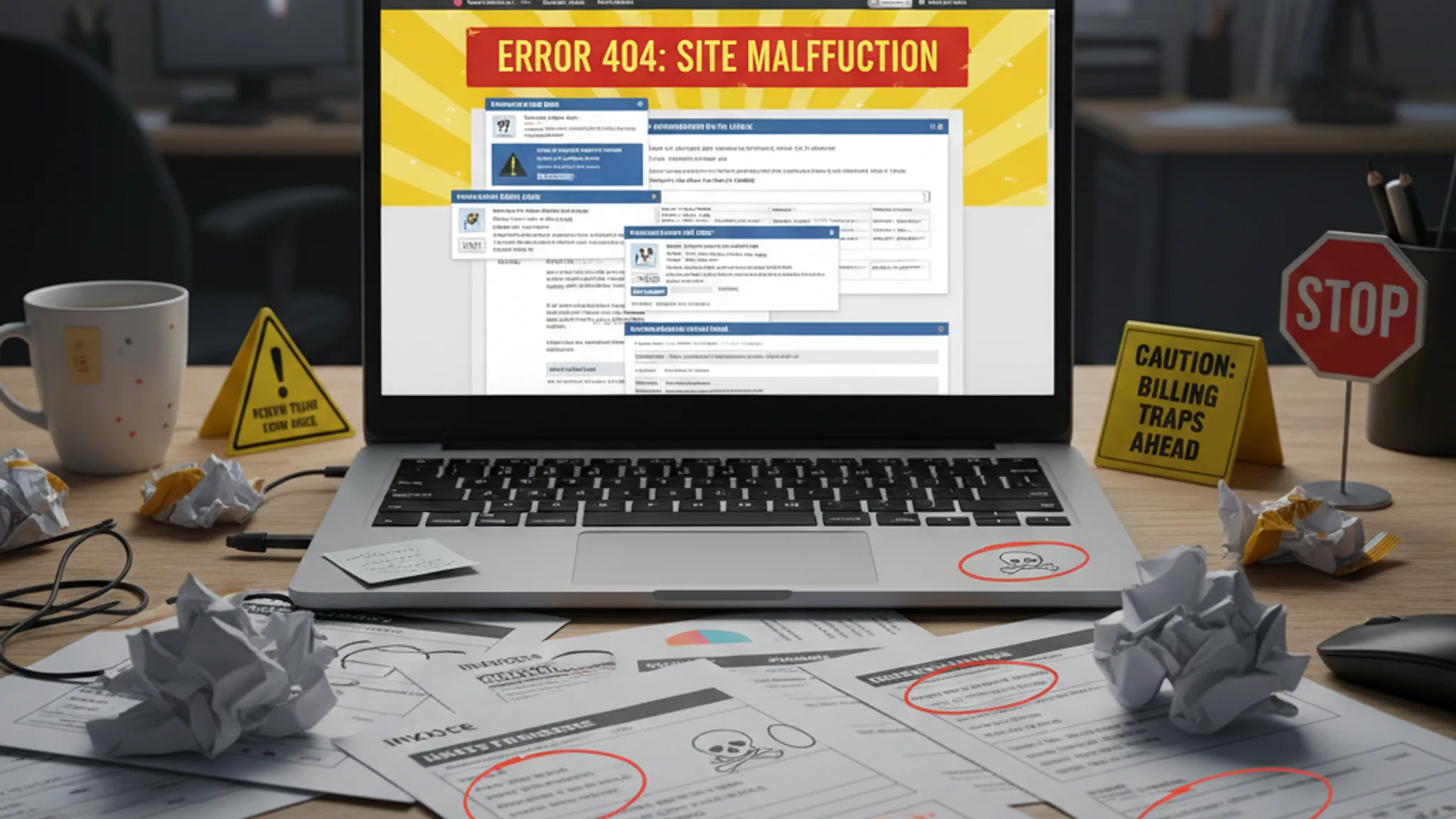 Laptop showing broken website with error messages and hidden fee invoices