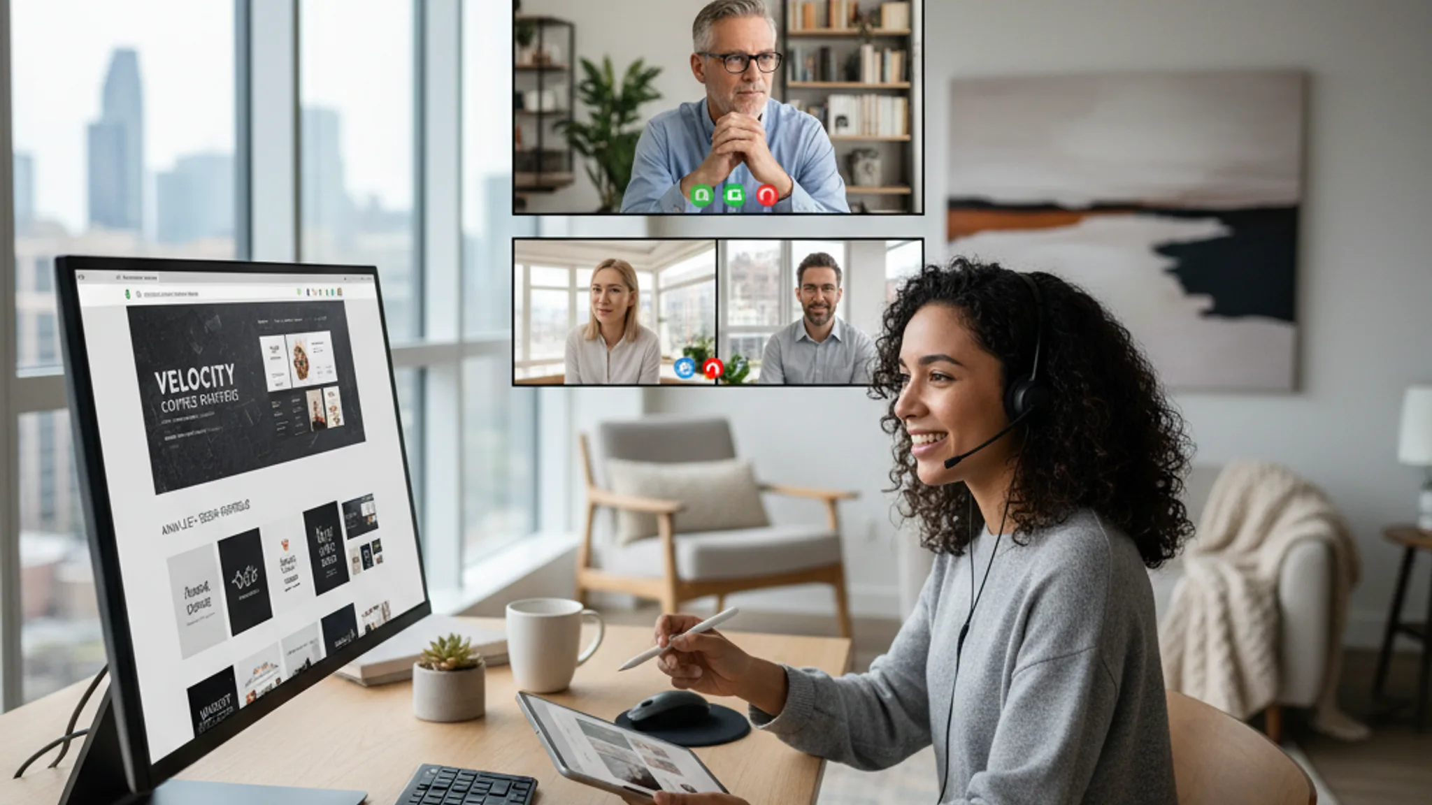 Freelance designer presenting website mockup to client on video call