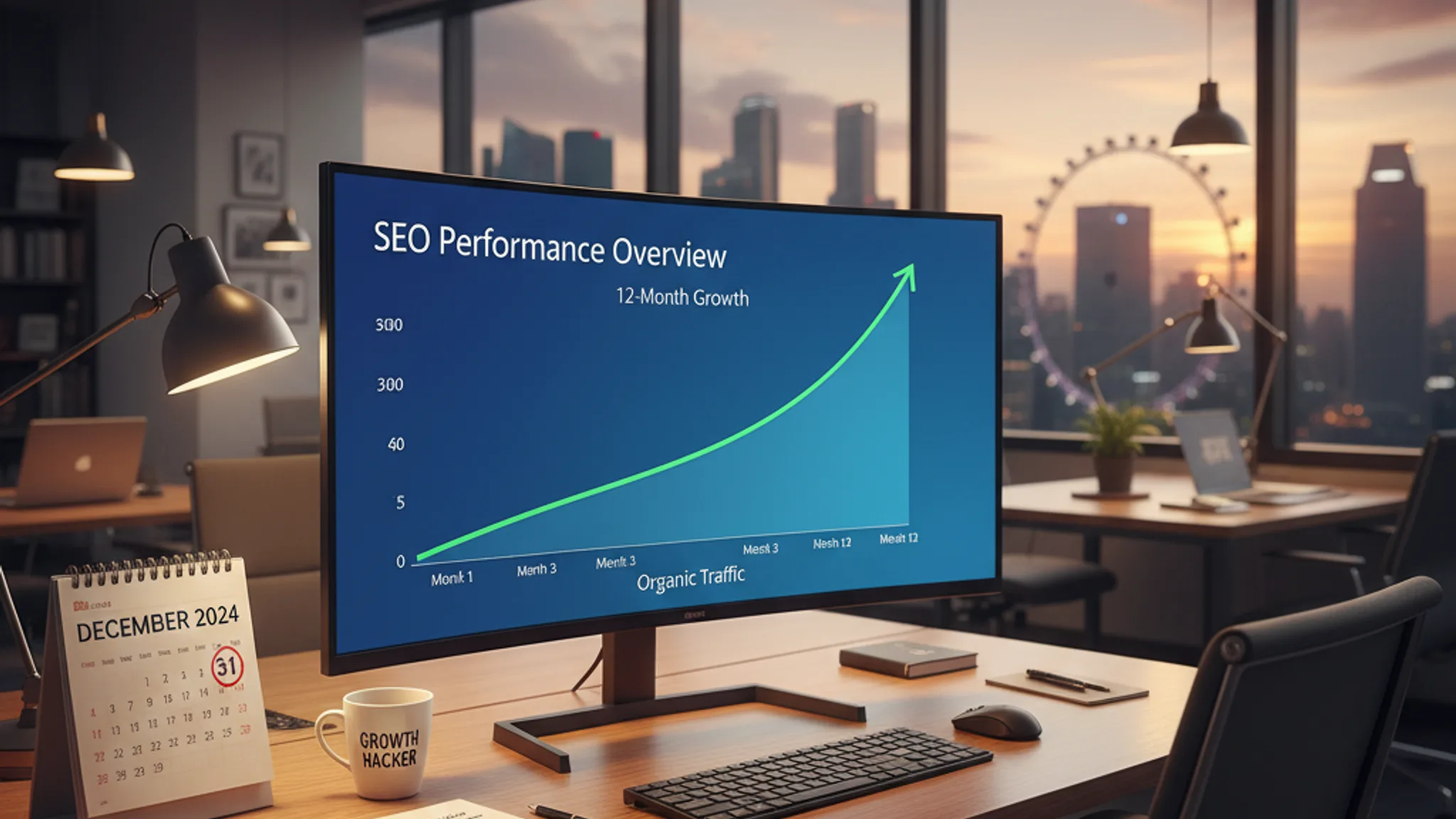 SEO growth timeline displayed on a monitor showing organic traffic increasing over 12 months, with calendar and strategy notes on a modern Singapore office desk