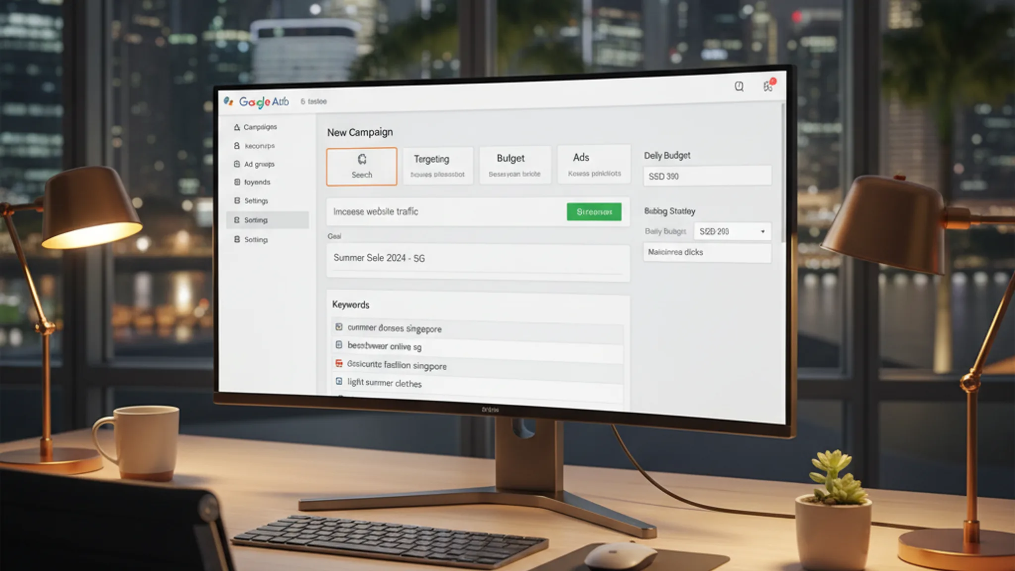 Step-by-step Google Ads setup interface on a laptop screen in a Singapore office