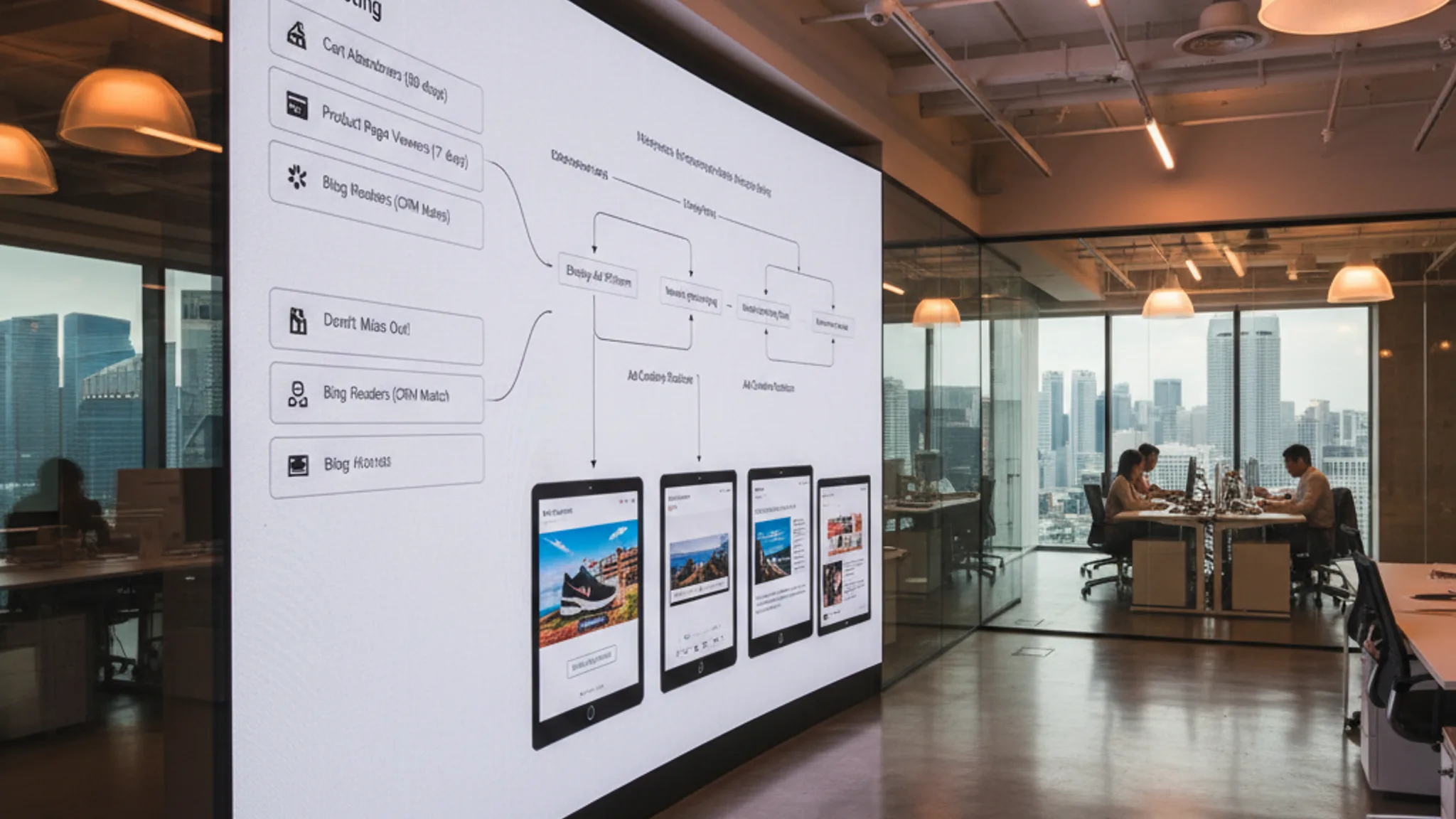 Google Ads remarketing campaign setup screen showing audience segments and tag configuration on a laptop in a modern Singapore workspace