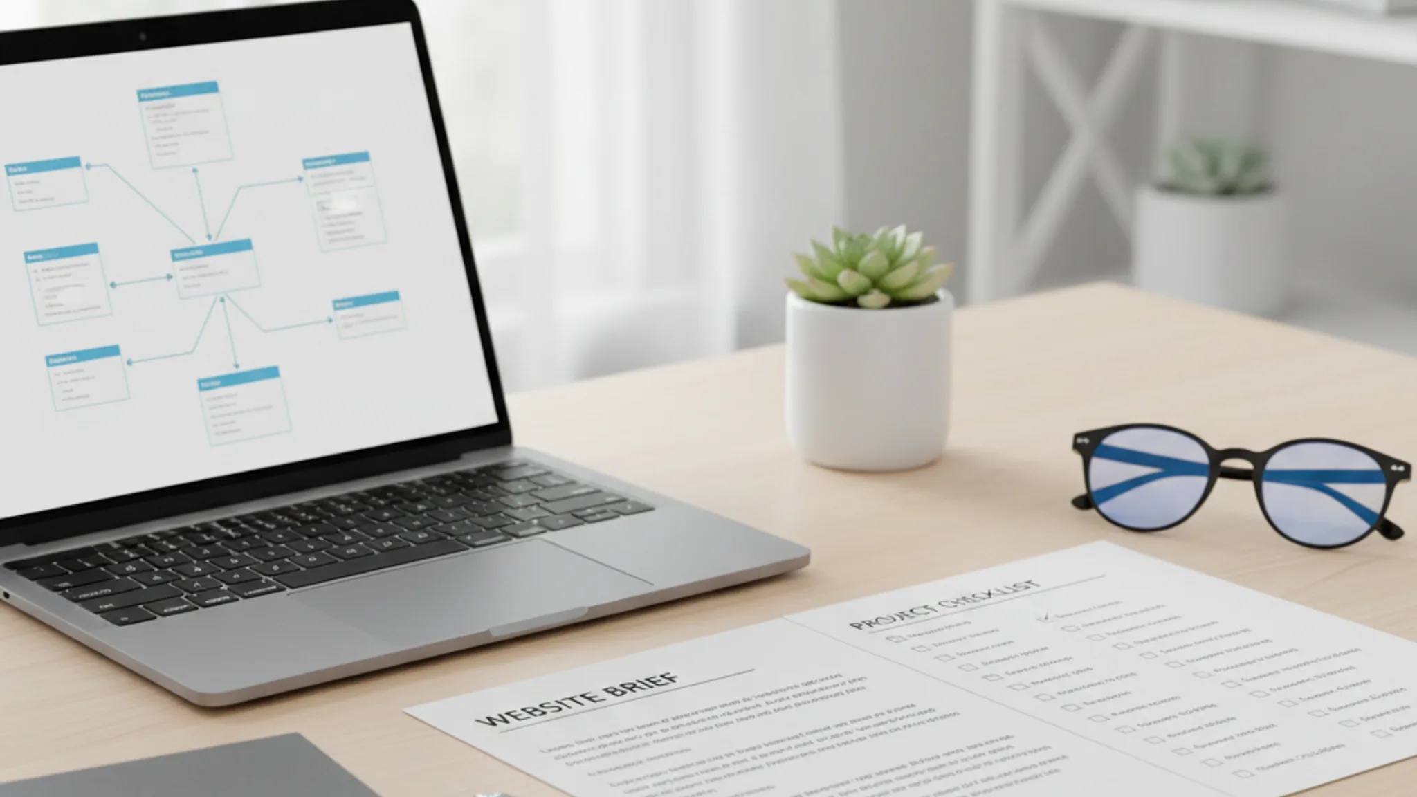 Website brief document with checklist and wireframe on organized desk