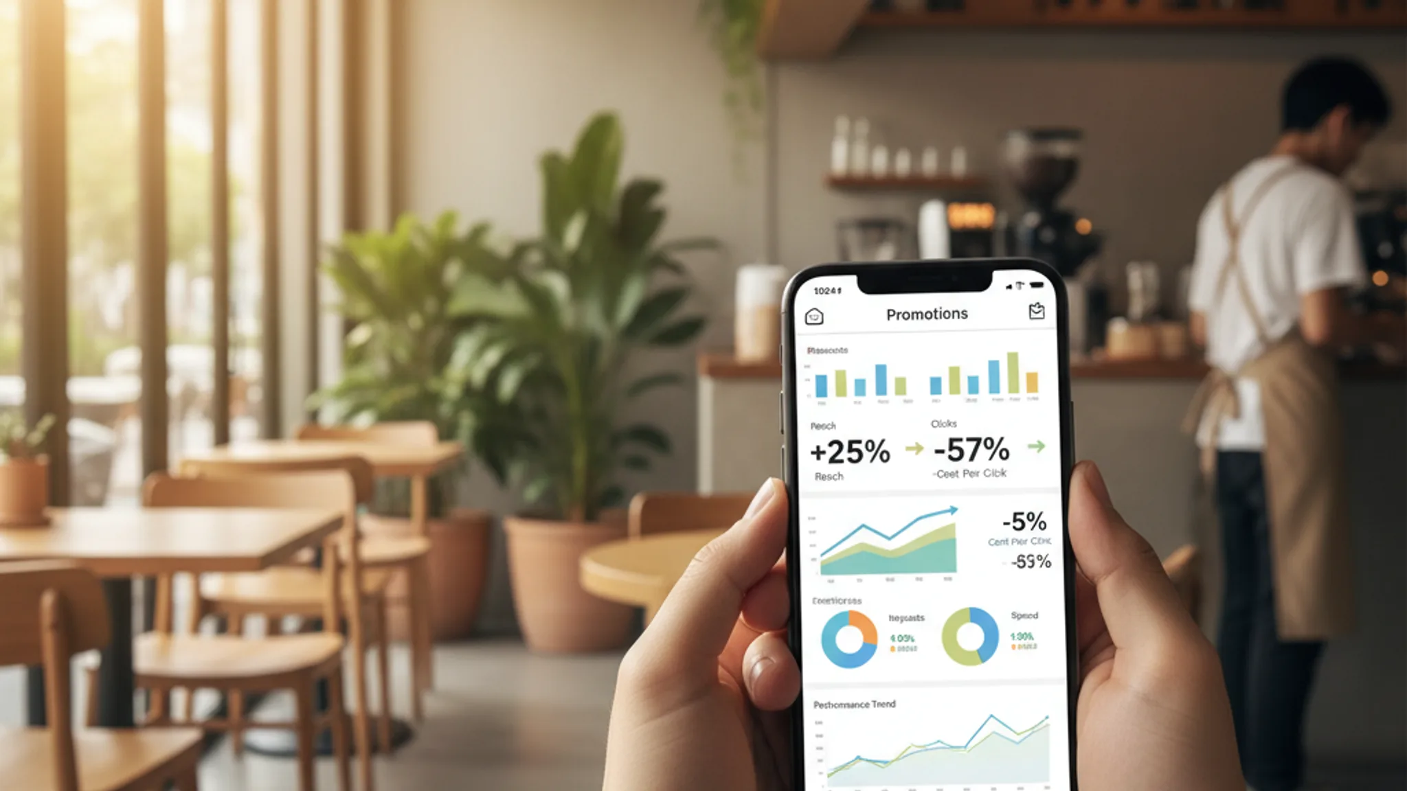 Instagram advertising analytics dashboard on smartphone in Singapore cafe setting
