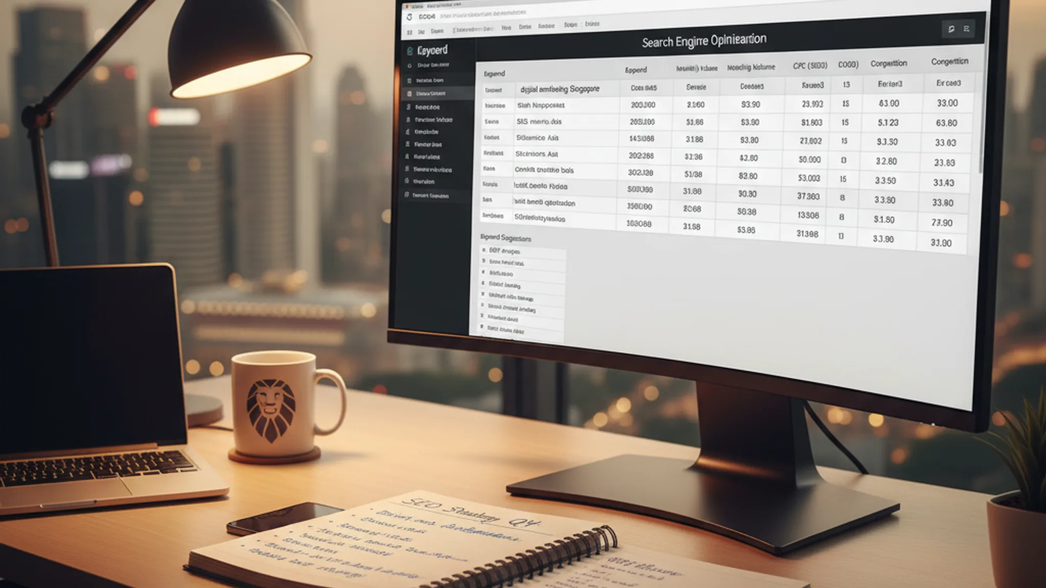 Keyword research tool displaying search volume data and keyword suggestions on a monitor in a modern Singapore office