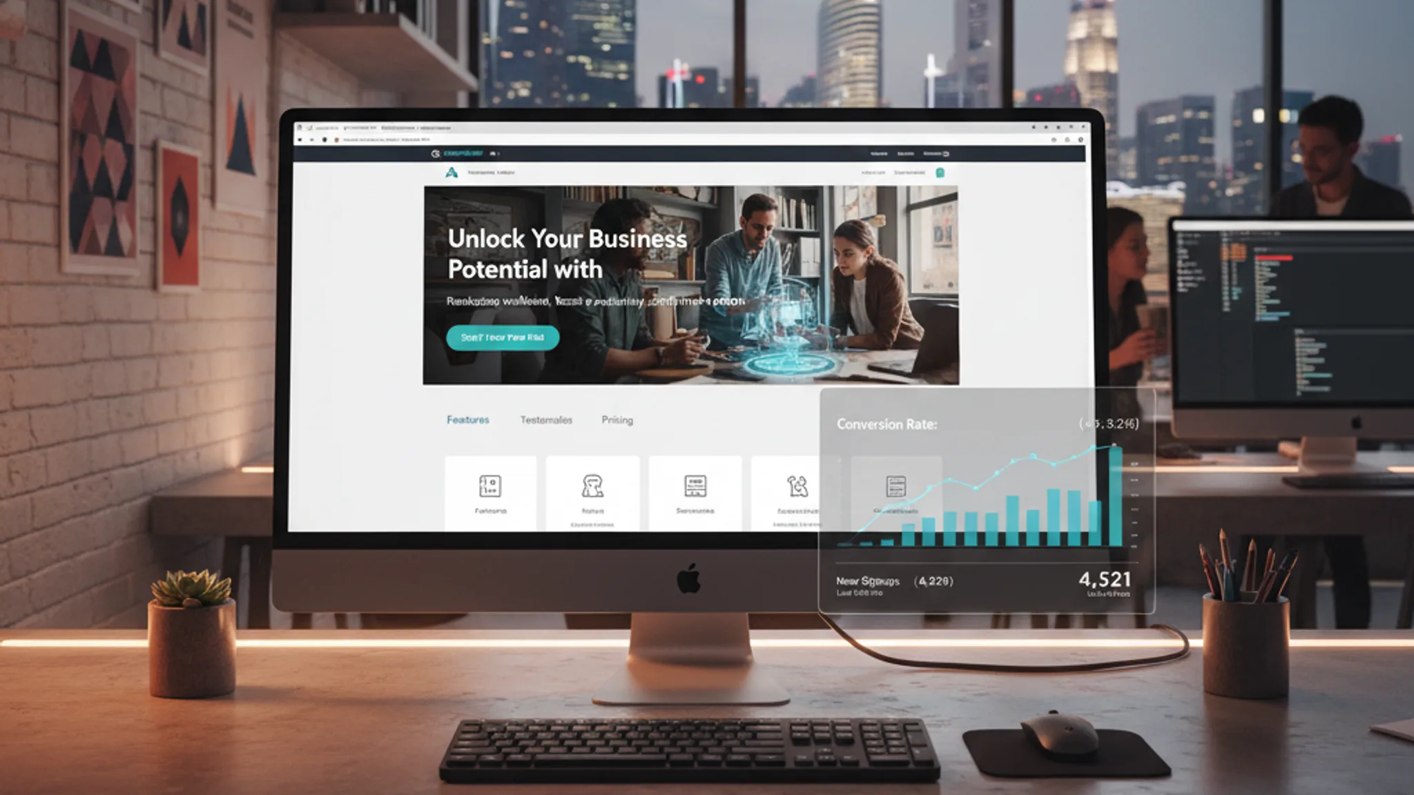 High-converting landing page design displayed on a monitor with conversion analytics in a modern Singapore agency workspace