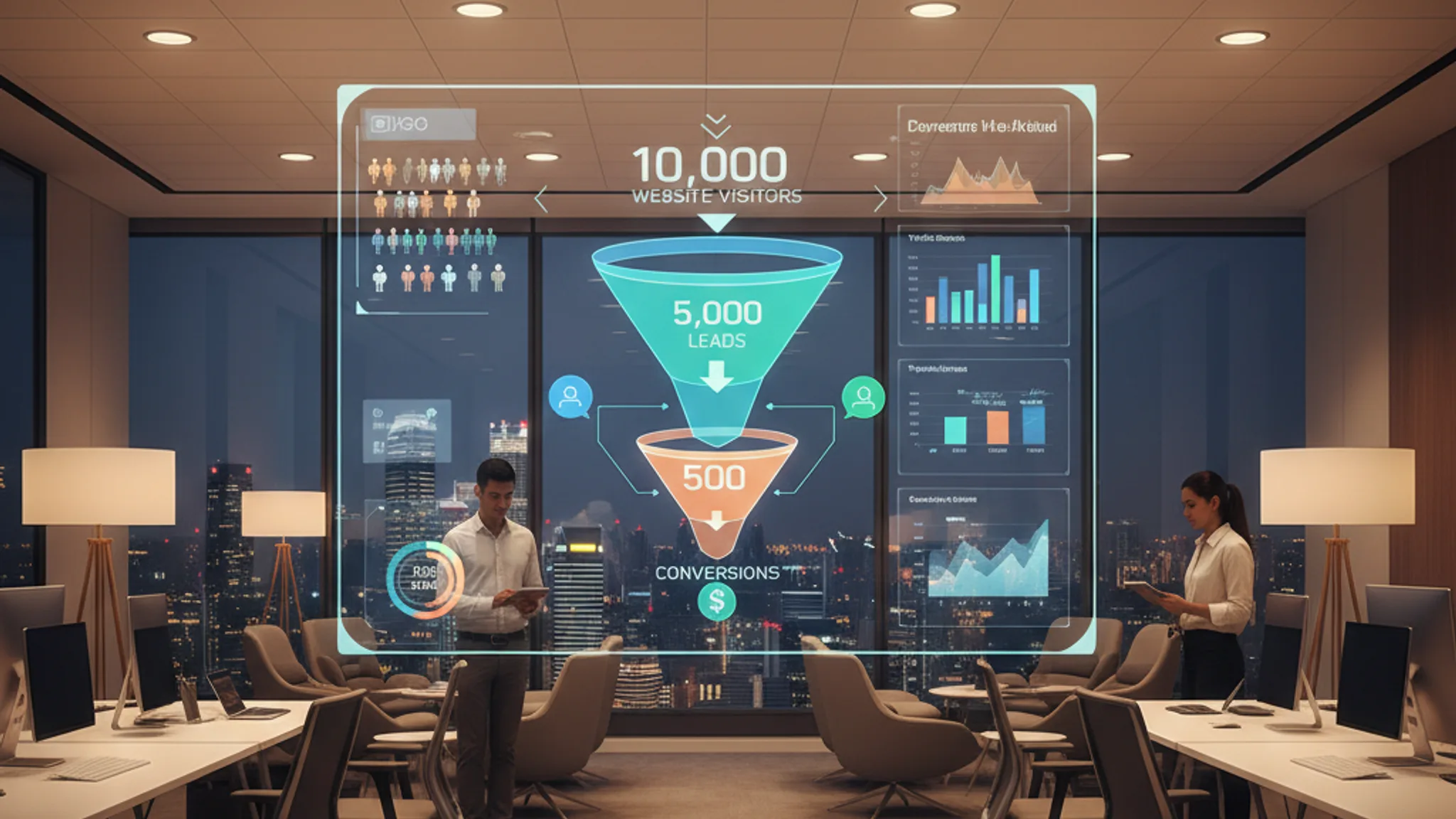 Lead generation funnel visualization on a marketing dashboard in a modern Singapore office, showing website visitors converting to leads and conversions