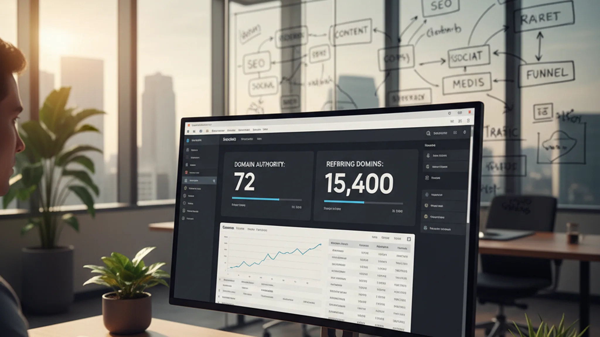 Backlink profile analysis showing domain authority and referring domains on a monitor in a modern Singapore office