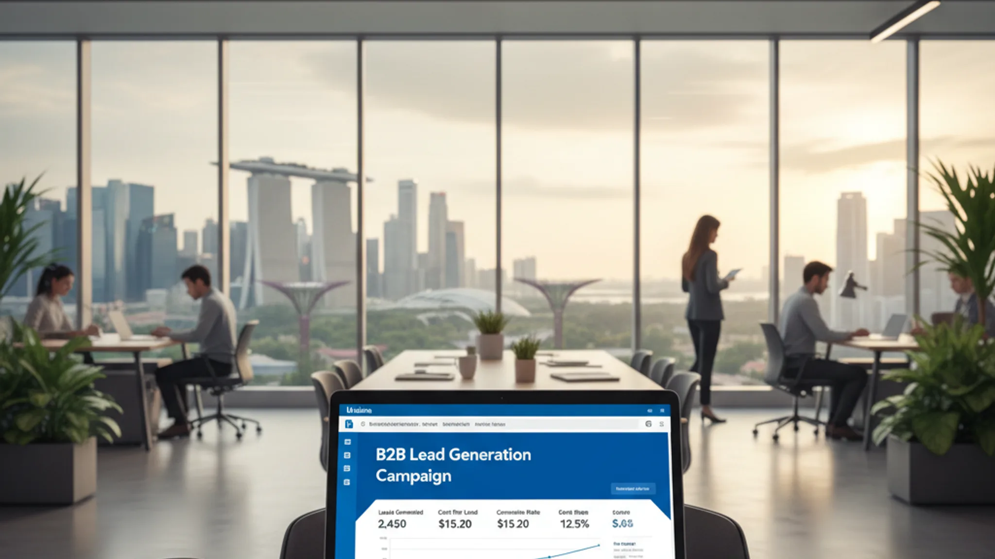 LinkedIn Campaign Manager showing B2B lead metrics in Singapore CBD office