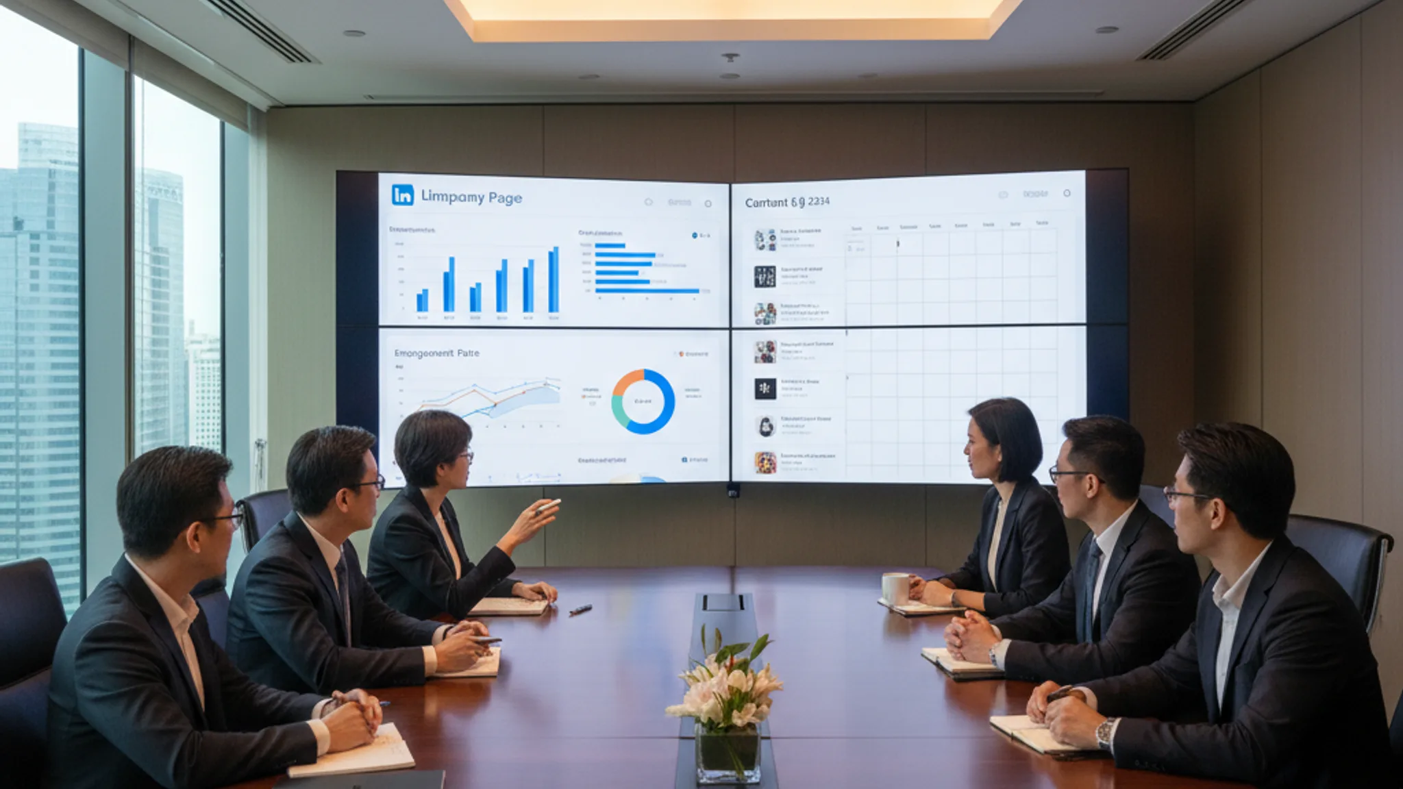 LinkedIn company analytics and content calendar on meeting room screen