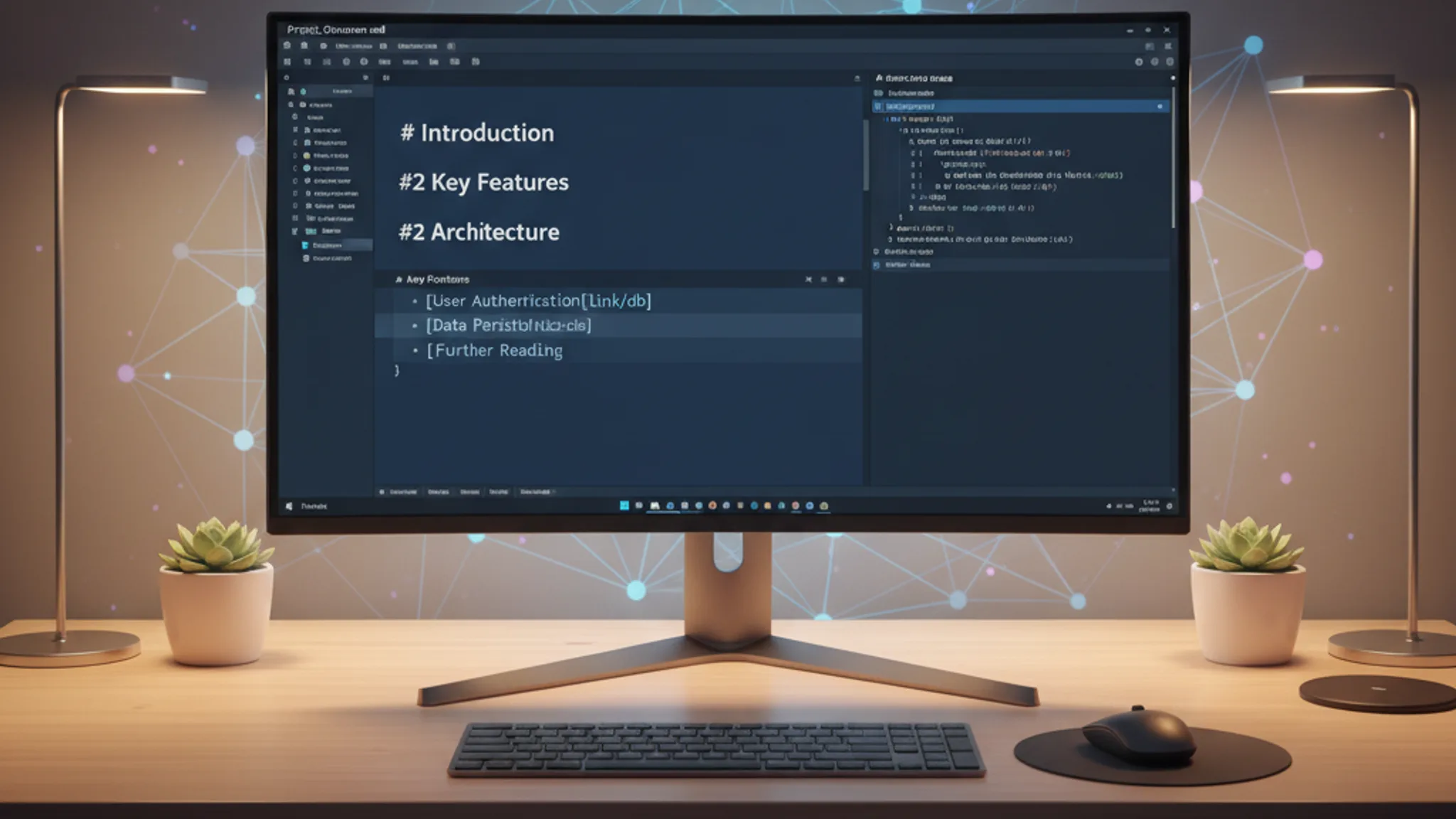 A code editor displaying an llms.txt file in Markdown format, with AI search engine icons visible in the background, set in a modern Singapore office
