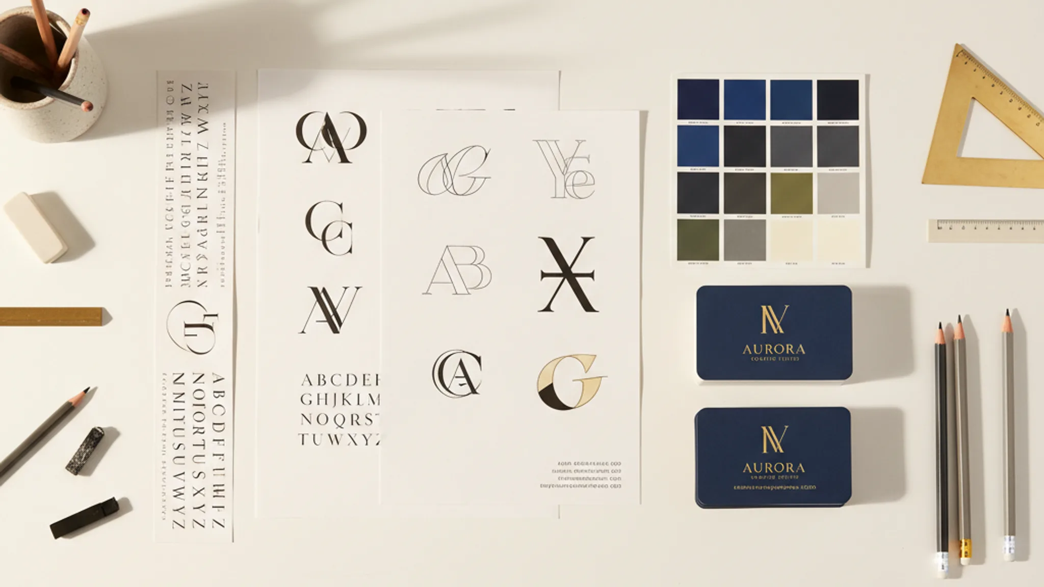 Brand identity design materials spread on a clean white desk showing logo sketches, colour palette swatches, business cards, and typography samples