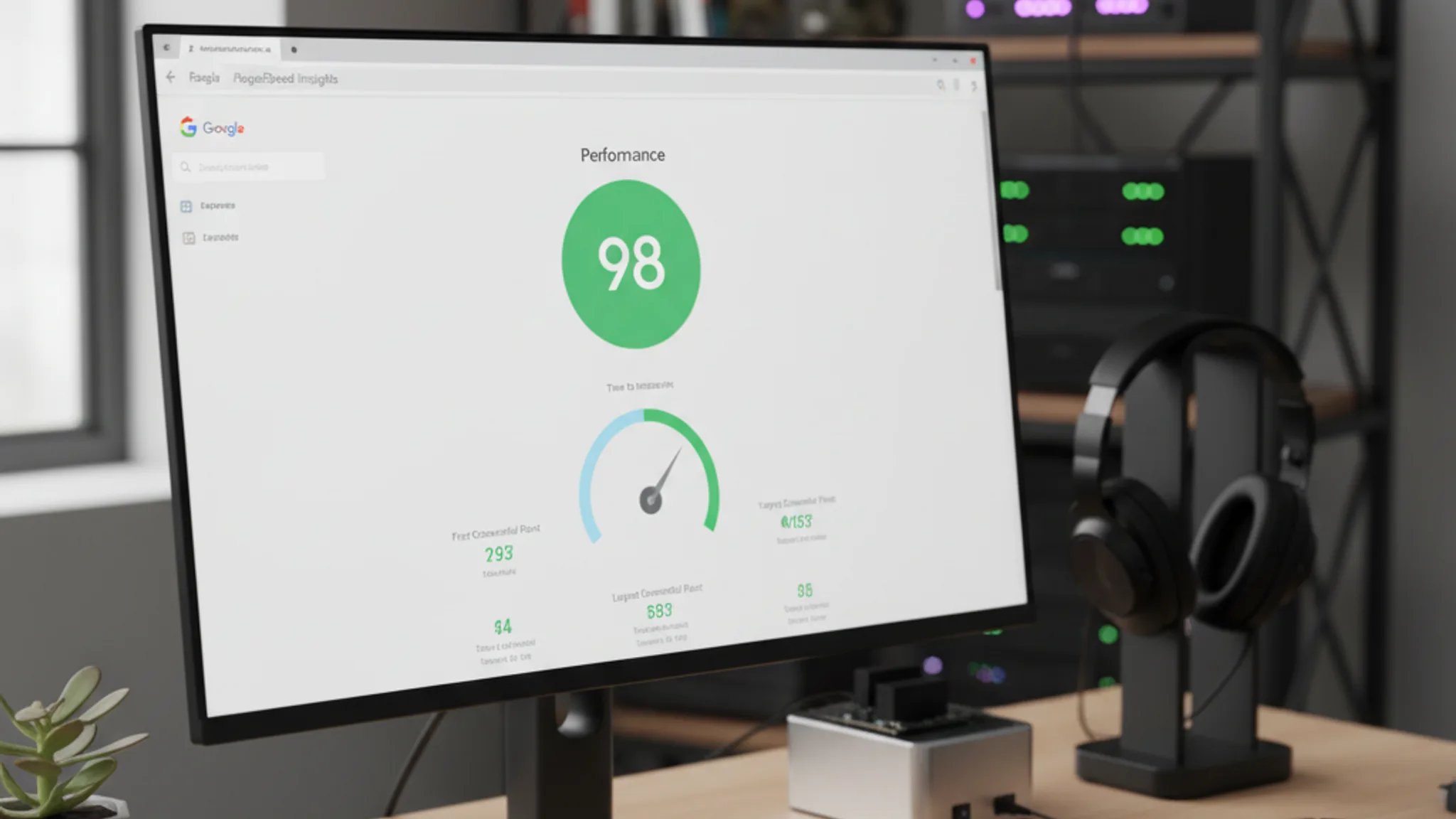 PageSpeed Insights showing high performance score on developer monitor