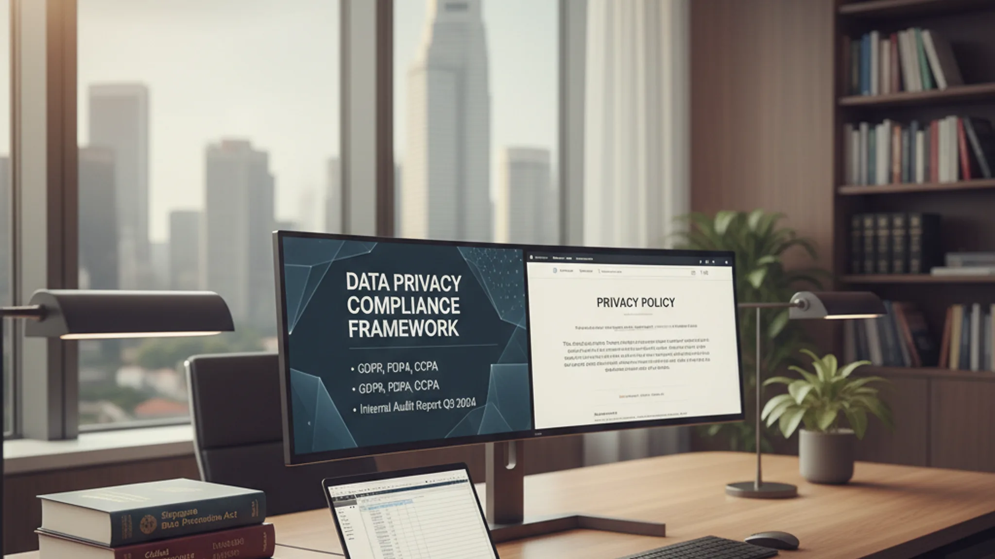 Privacy policy document displayed on a laptop screen in a Singapore office setting with warm professional lighting
