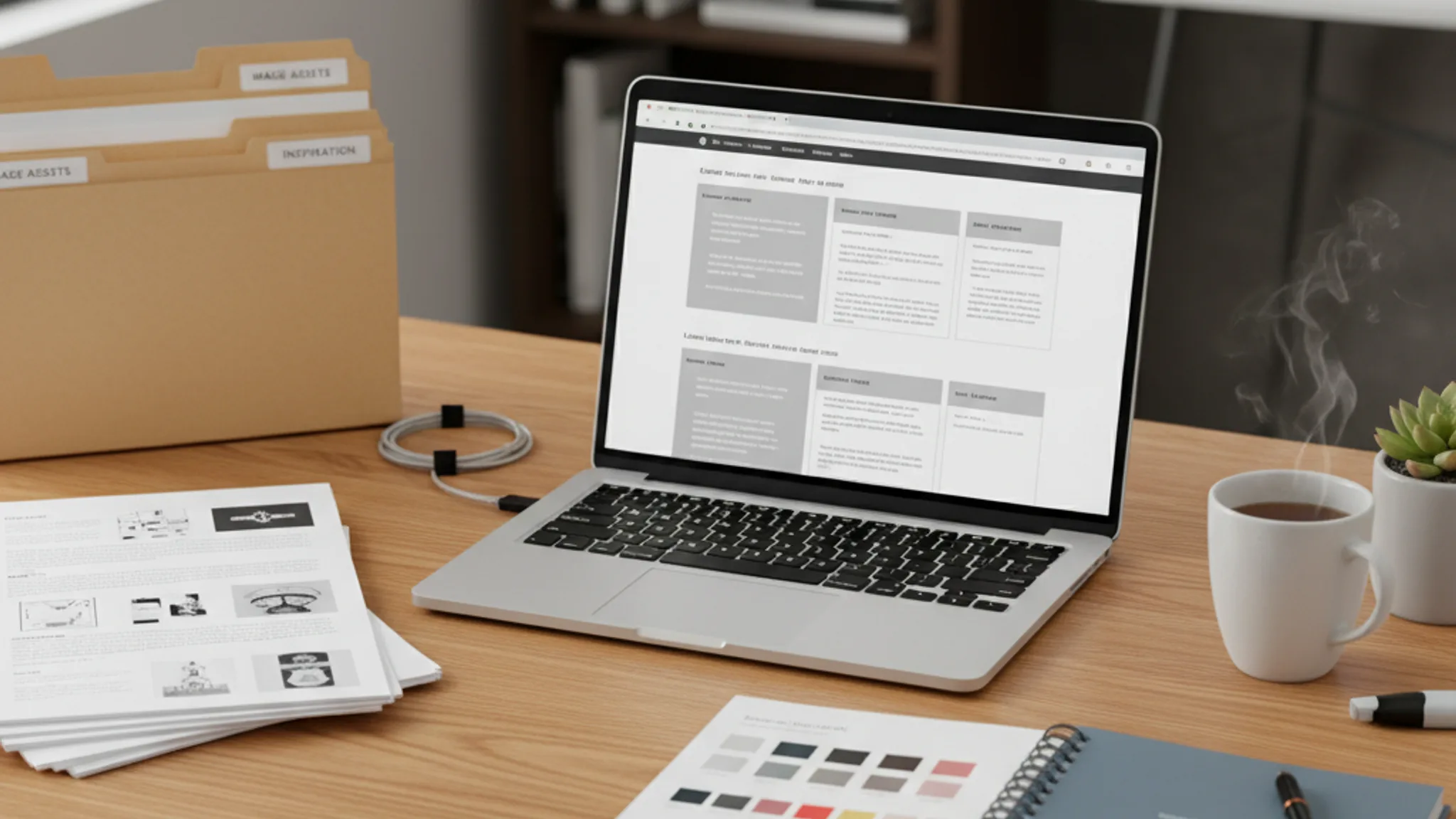 Content preparation materials with printed pages and website wireframe on desk