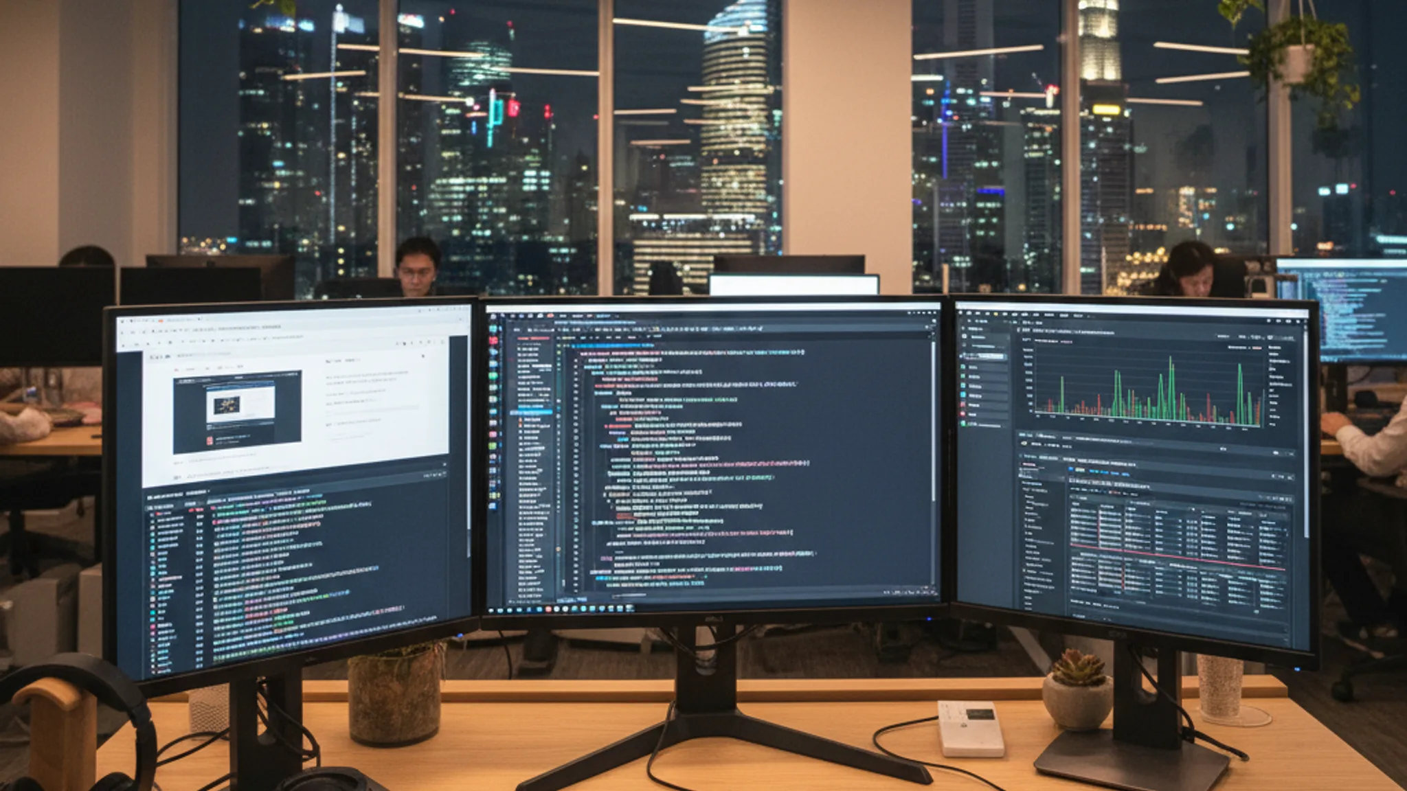 Developer workstation showing automated page generation script with thousands of URLs in terminal output, set in a modern Singapore office with warm ambient lighting