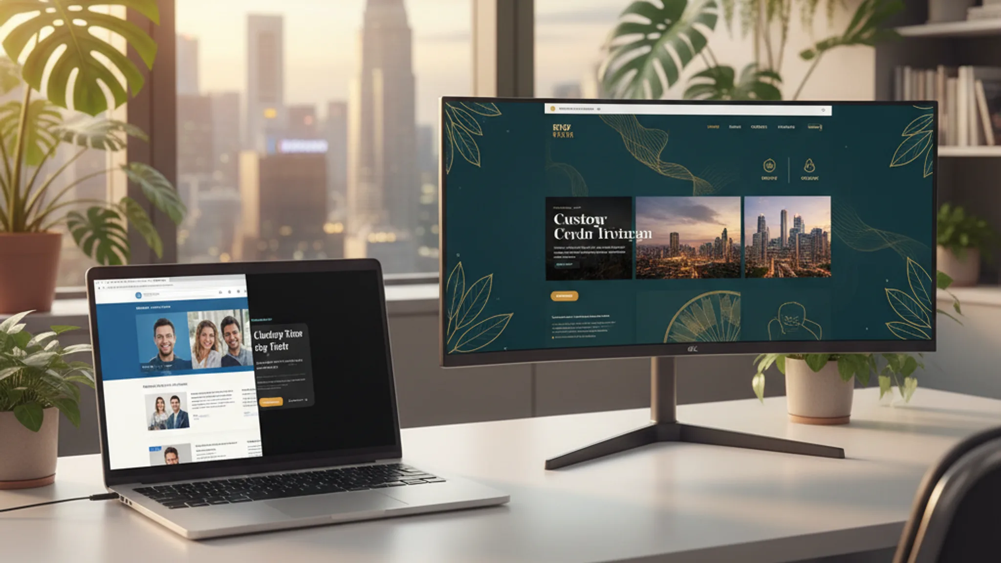 Comparison of a PSG template website and a custom-designed website on two monitors in a Singapore office