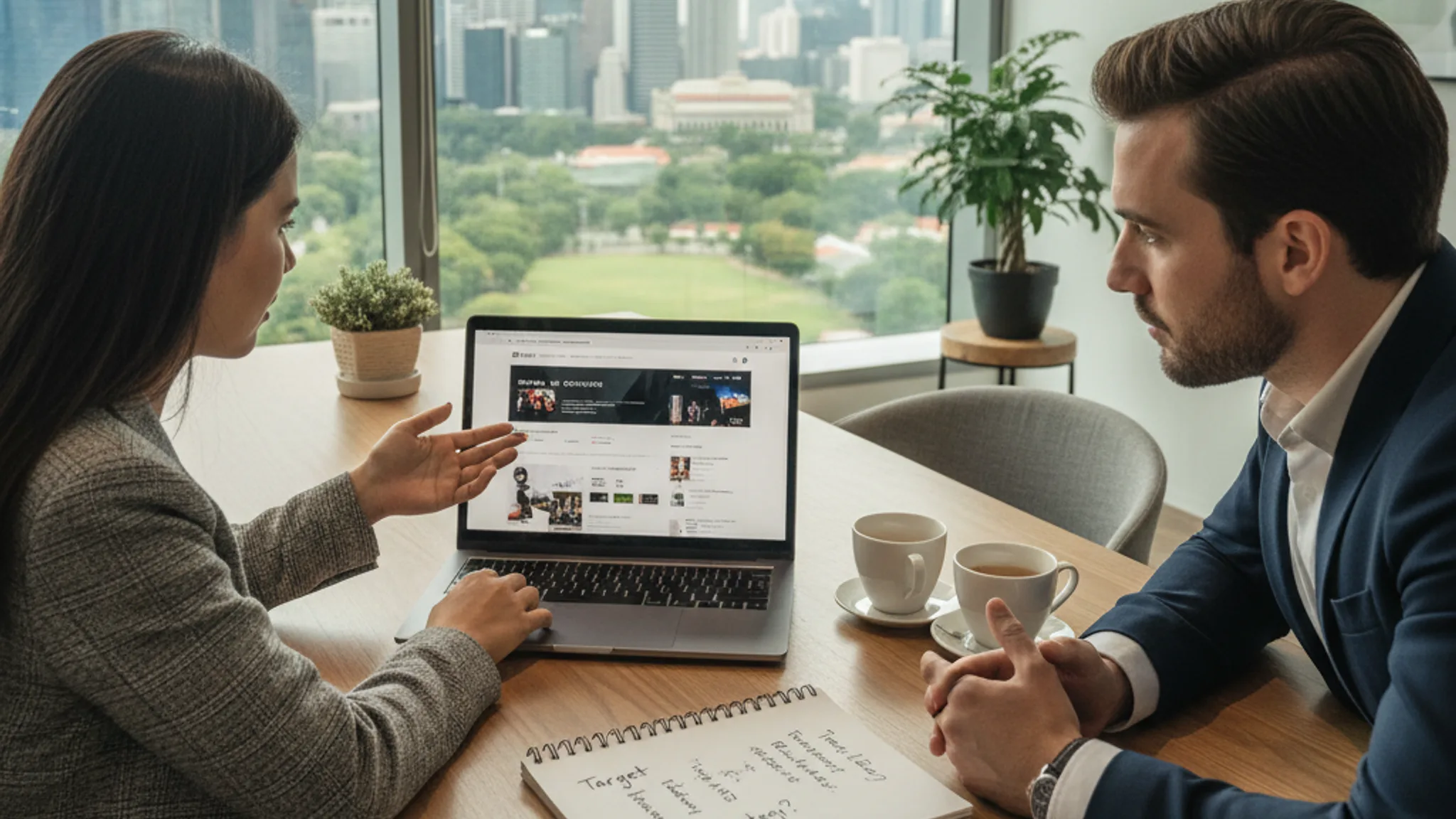 Client and web designer consultation meeting in modern Singapore office