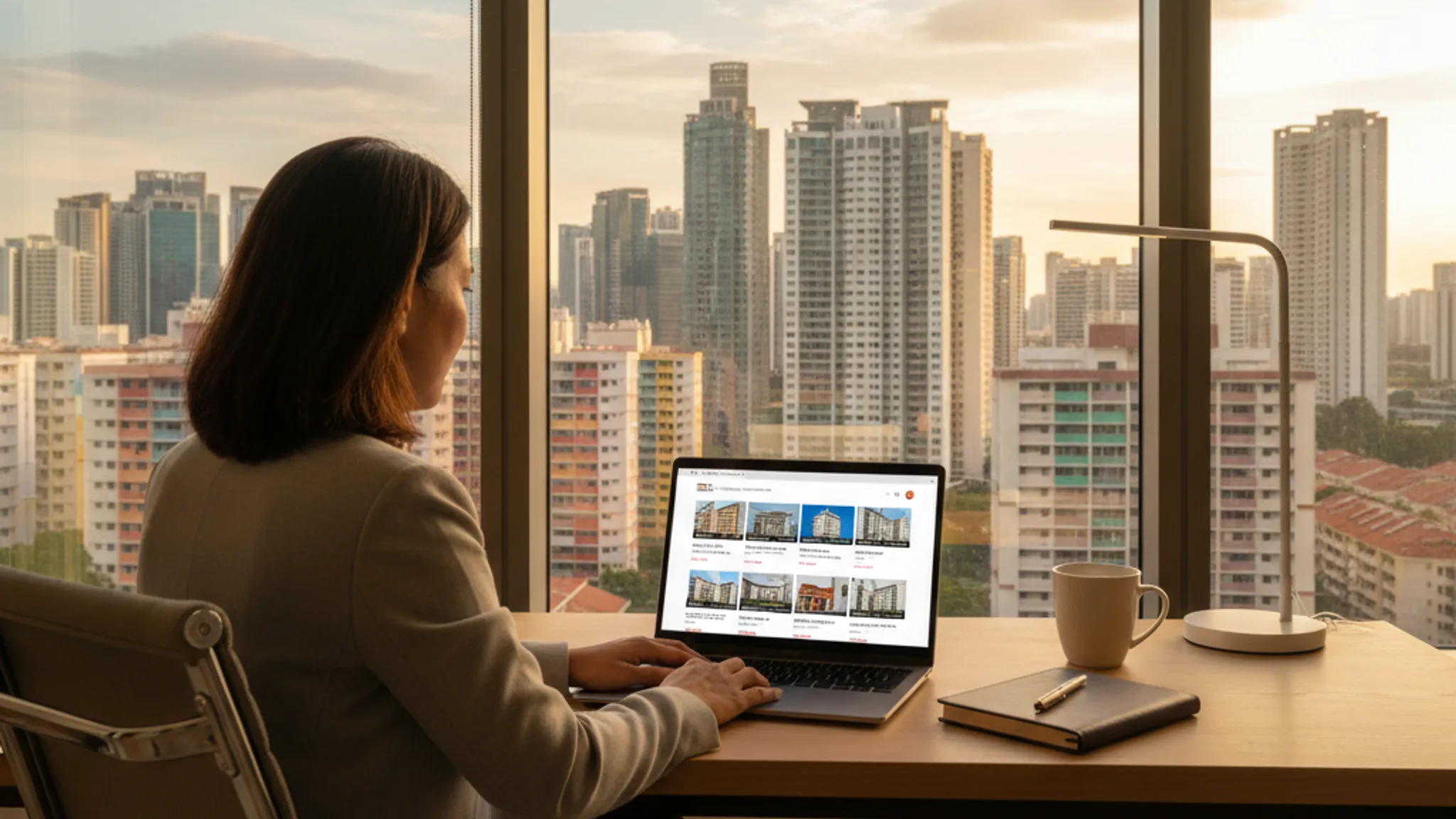 Property agent reviewing a real estate website with listings on a laptop, Singapore skyline visible through an office window