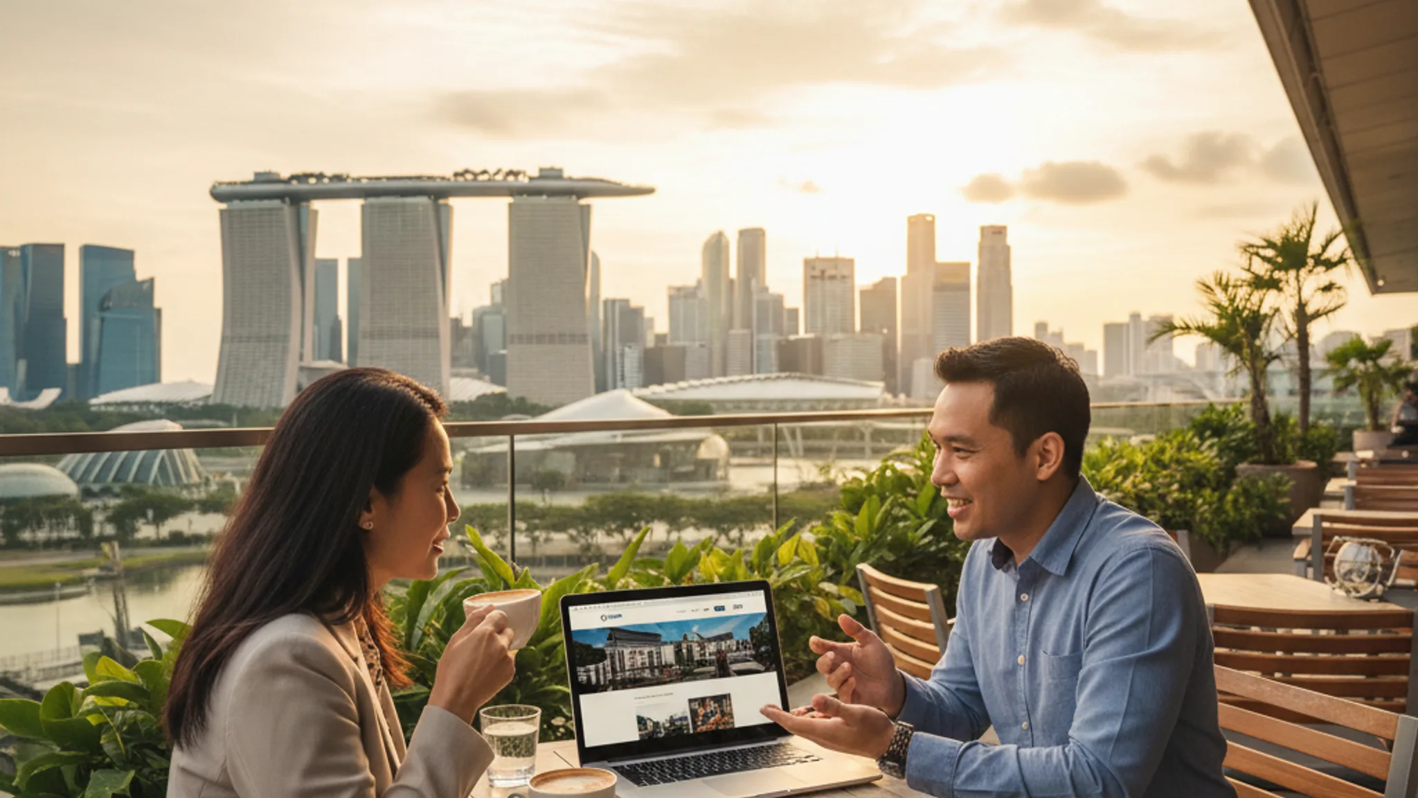 Local Singapore web designer meeting client with Marina Bay skyline visible
