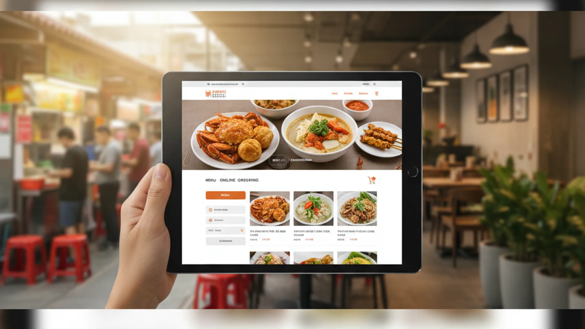 Restaurant website displayed on a tablet with food photography and online ordering interface, warm Singapore dining setting in the background