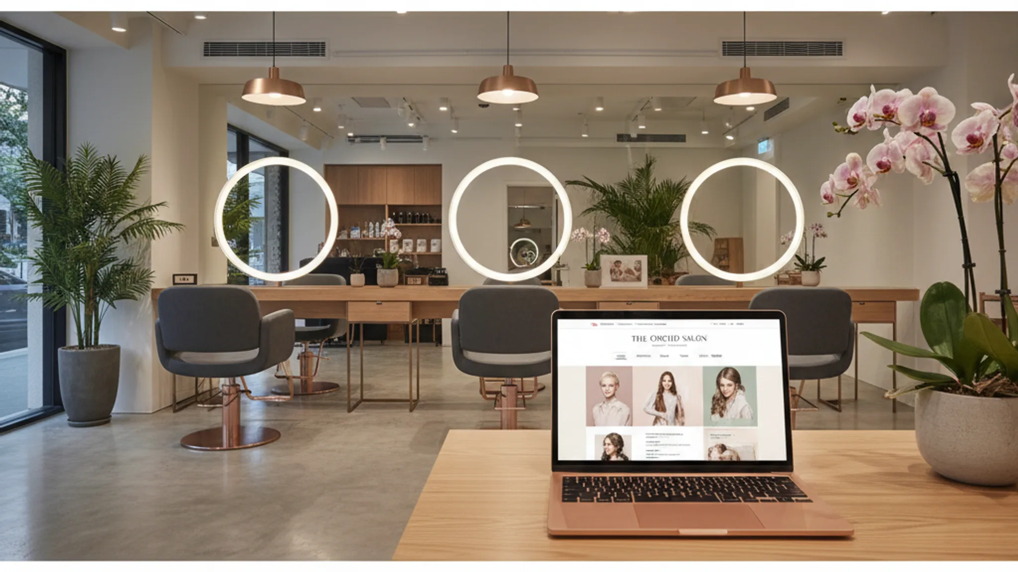 Elegant beauty salon website displayed on a rose gold laptop in a modern Singapore hair salon interior with styling chairs and warm lighting