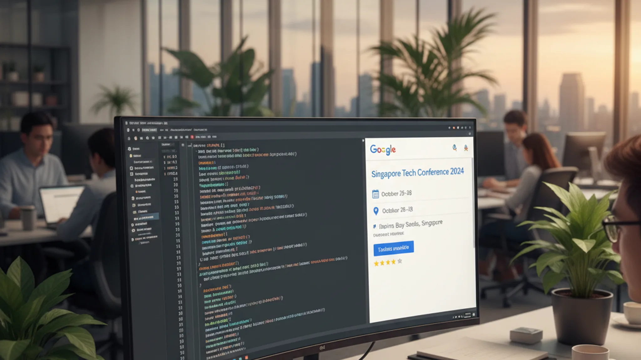 JSON-LD schema markup code visible on a developer screen with Google rich results preview, in a modern Singapore office workspace