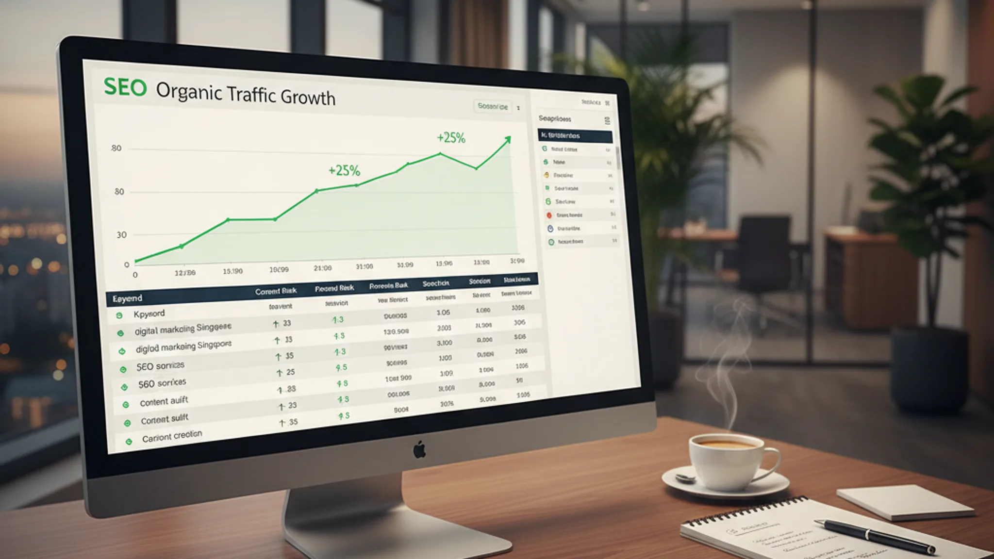 SEO analytics dashboard showing organic traffic growth and keyword rankings on a monitor in a professional Singapore office