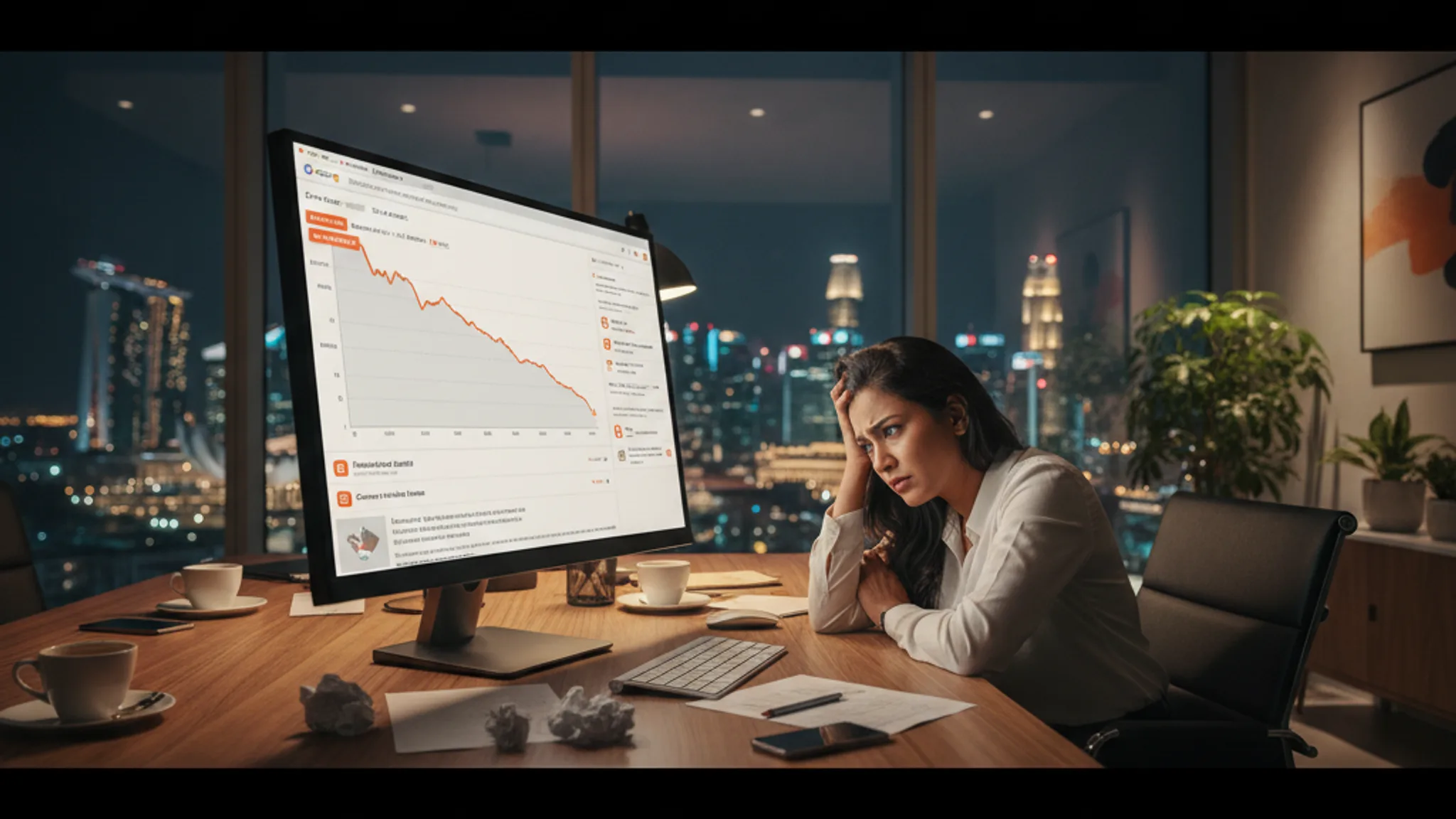 Google Search Console showing declining organic traffic with error warnings highlighted on a monitor in a modern Singapore office