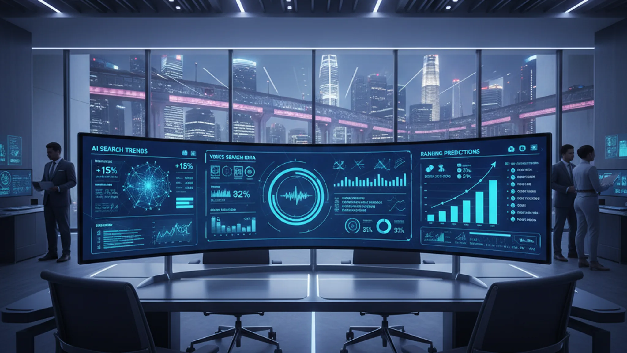 Futuristic SEO strategy dashboard showing AI search trends and ranking predictions on a curved monitor in a modern Singapore tech office