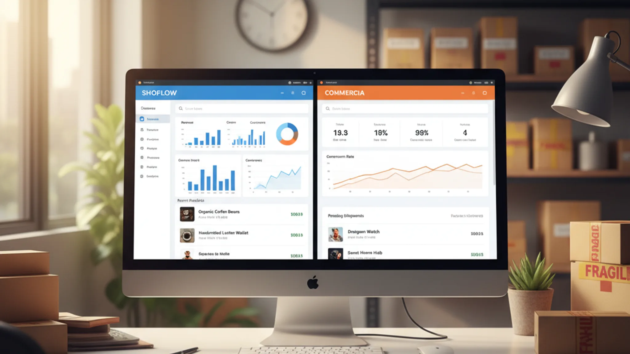 Two e-commerce store dashboards displayed side by side on a split-screen monitor in a modern Singapore office