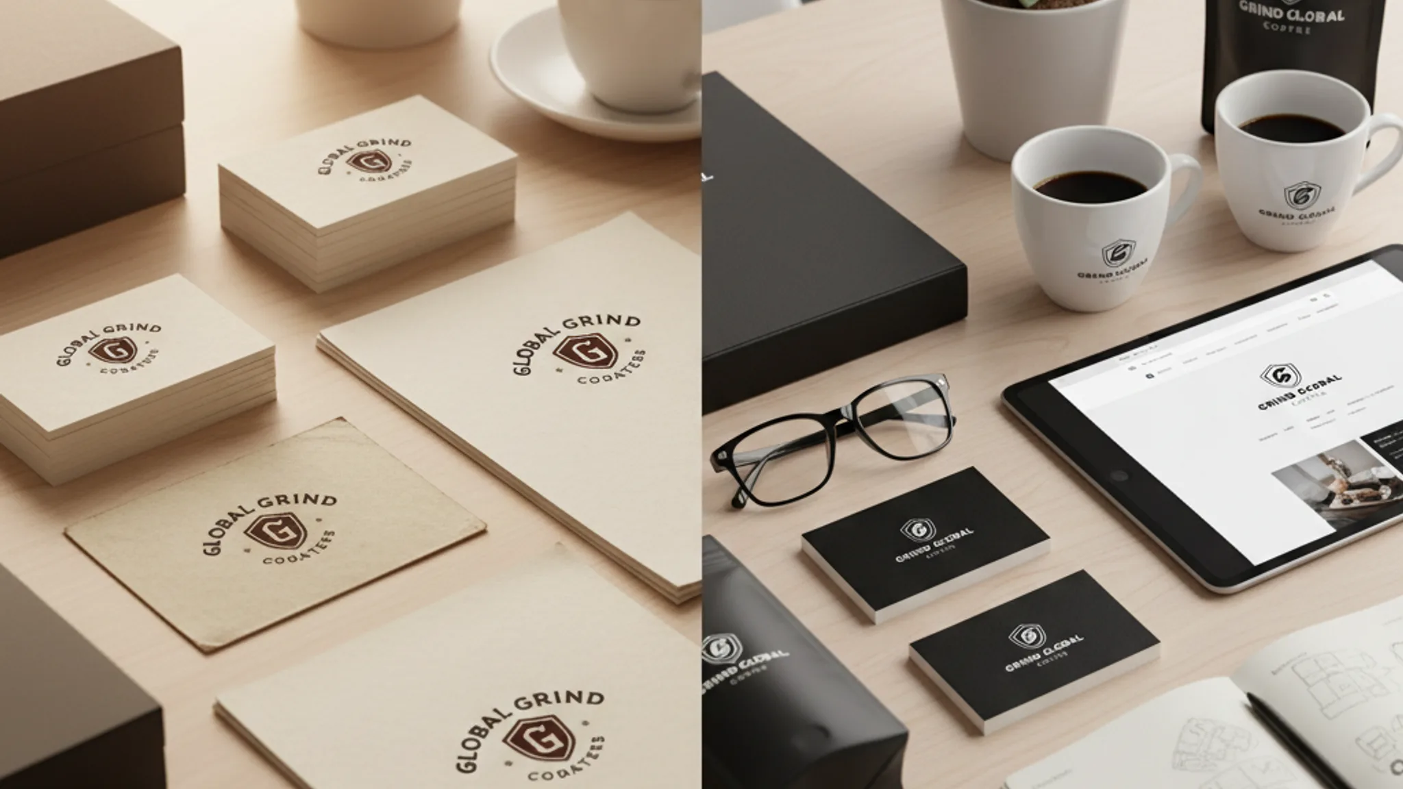 Before and after brand identity comparison on designer desk