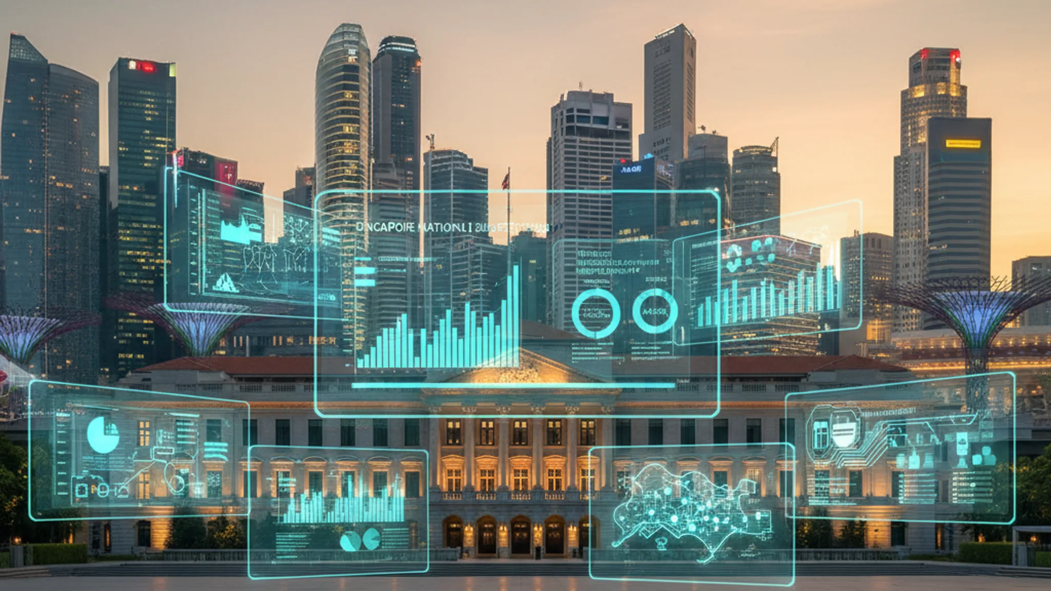 Singapore skyline with digital AI graphics overlaid, representing Budget 2026 AI grants for SMEs