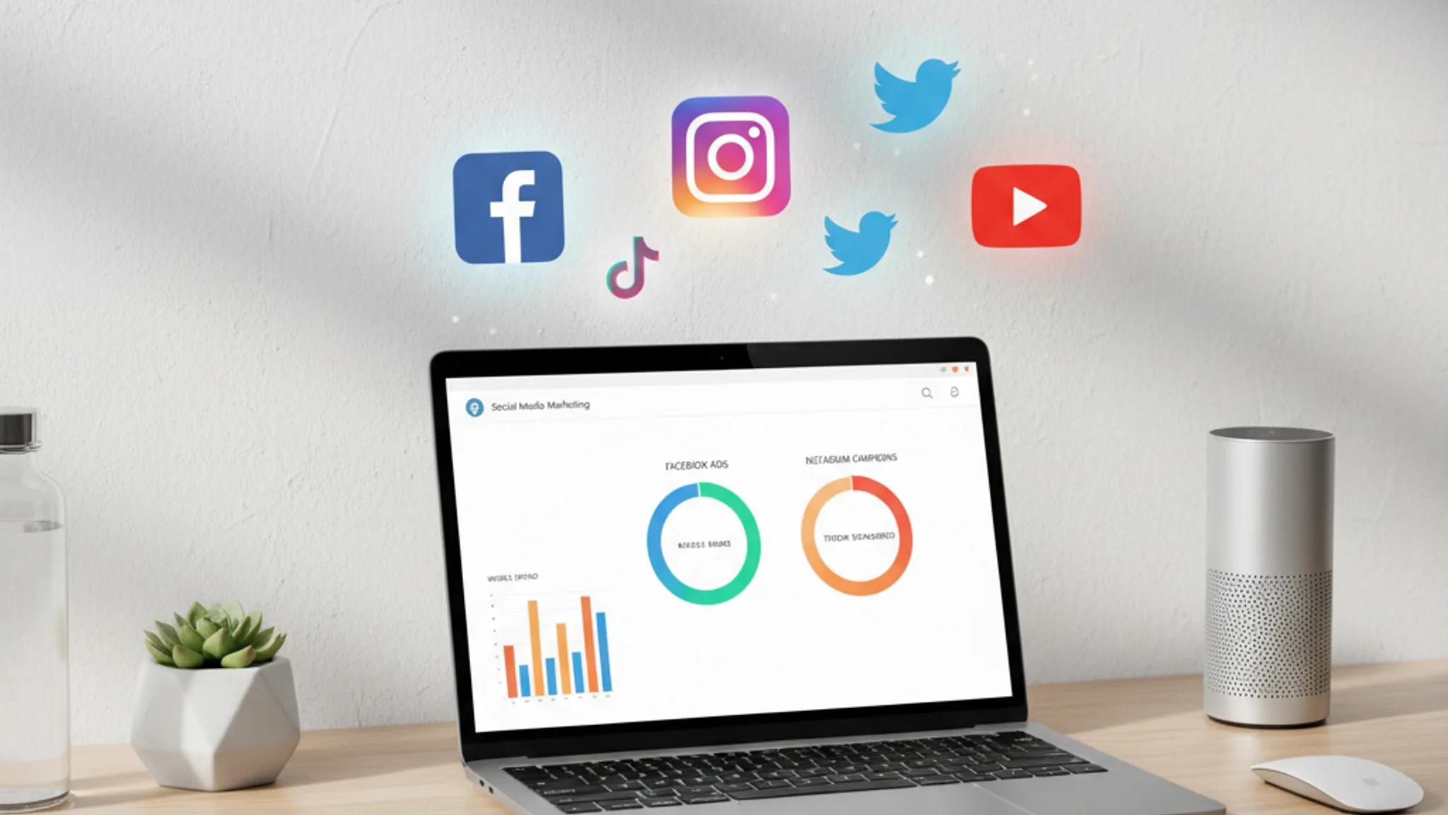 Social media marketing dashboard showing budget charts on laptop