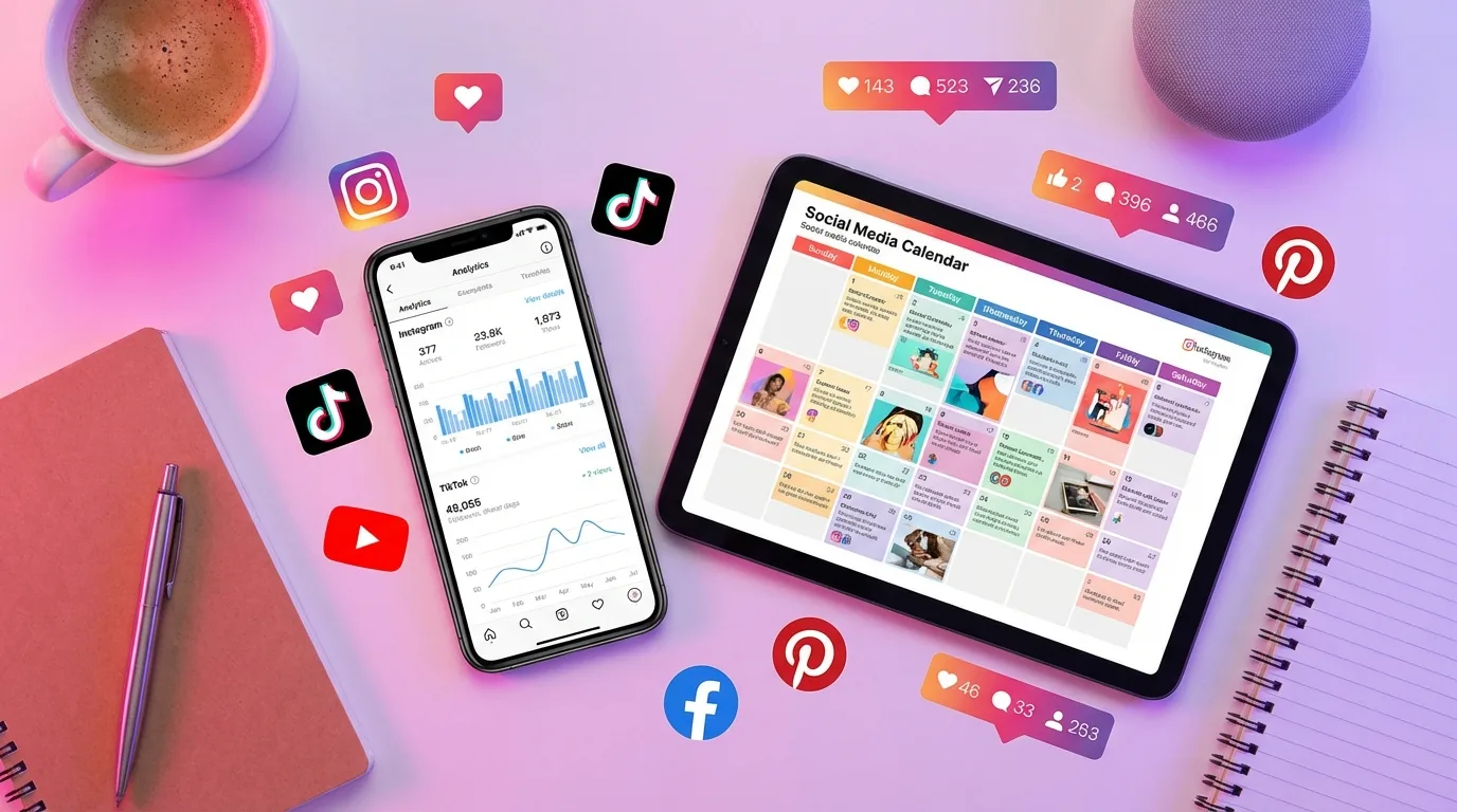 Social media marketing dashboard showing engagement metrics and content calendar for a Singapore business