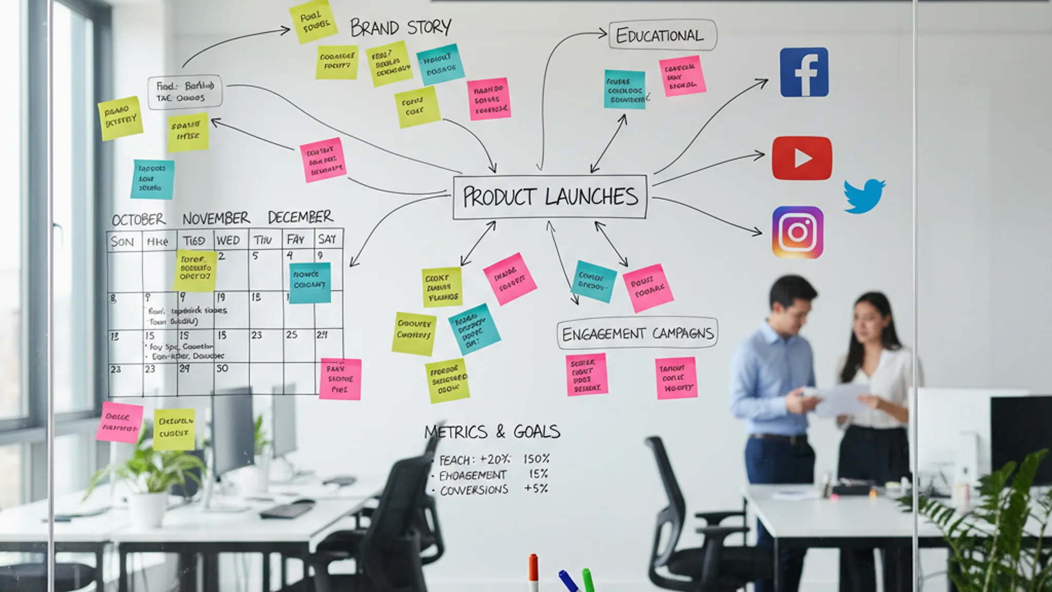 Social media content strategy map on whiteboard with platform icons