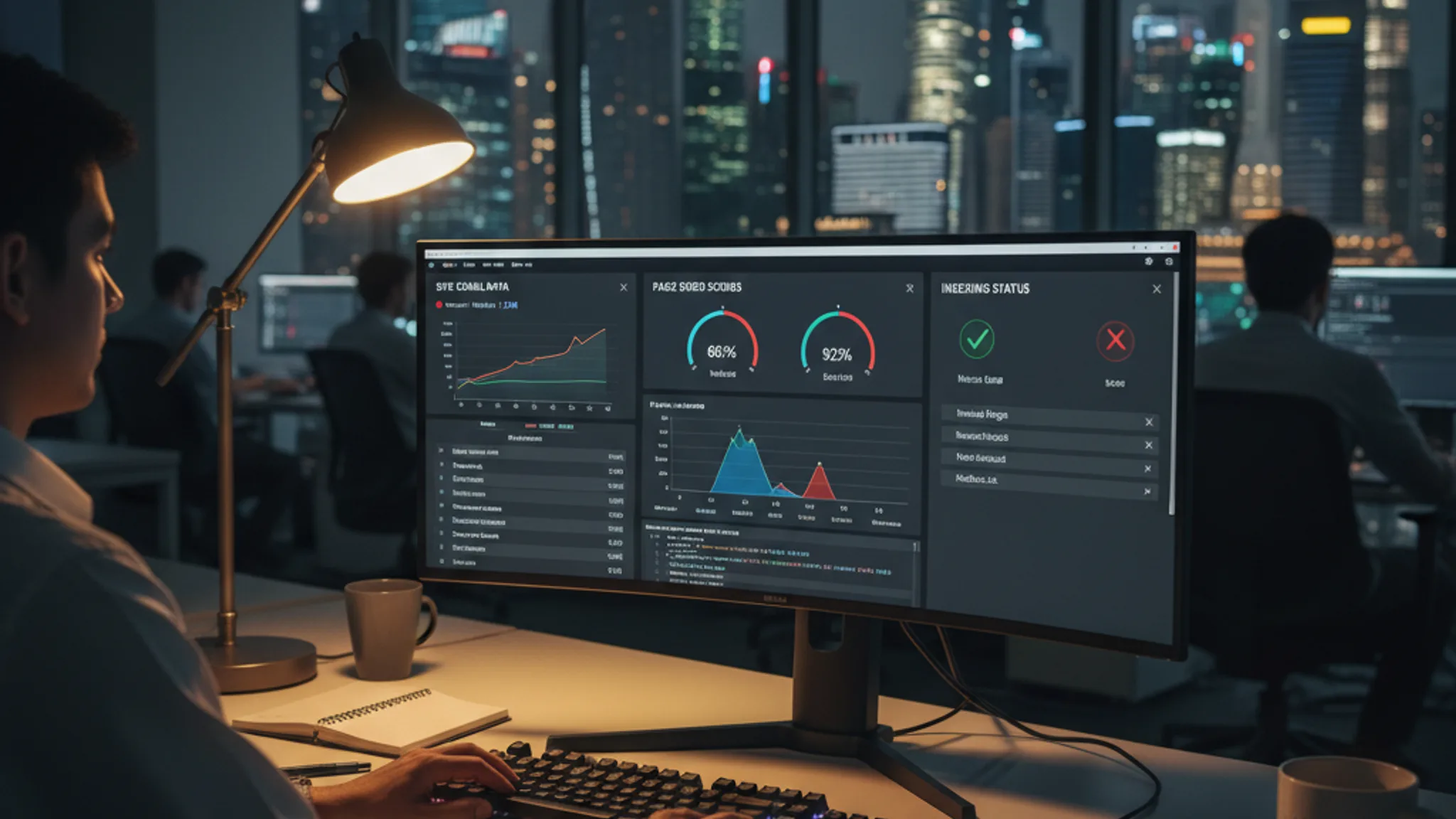 Technical SEO audit dashboard on a developer screen showing crawl data, page speed scores, and indexing status in a modern Singapore office