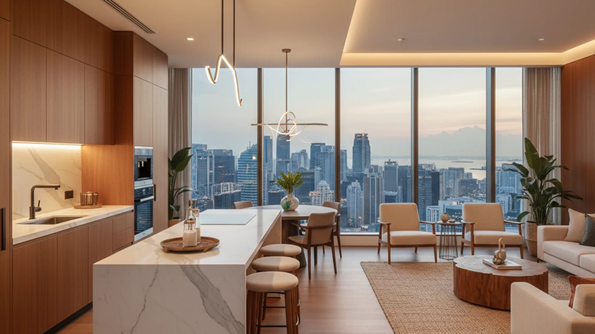Beautiful modern Singapore condo interior with warm wood tones, marble kitchen island, and floor-to-ceiling windows overlooking the city skyline