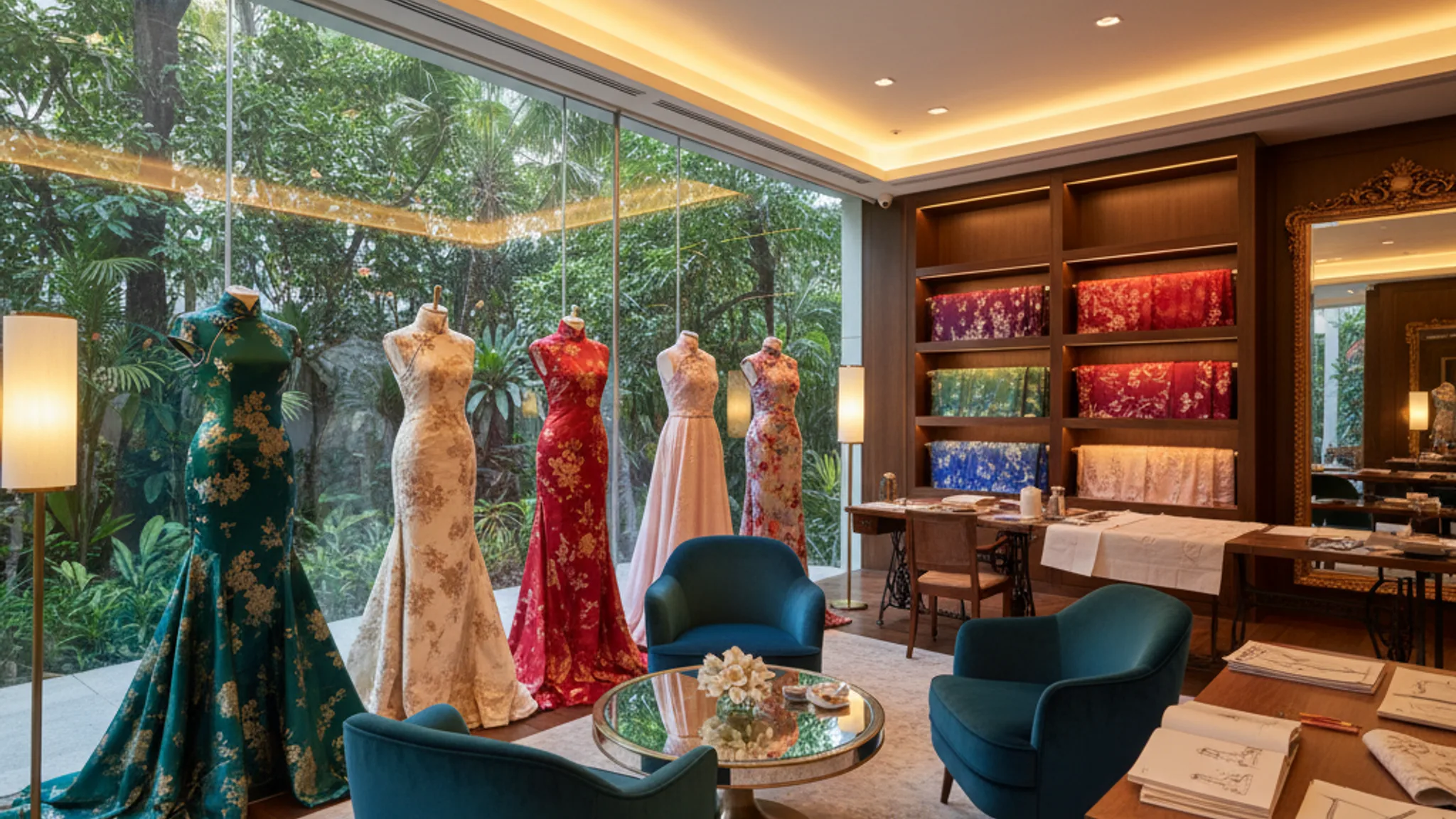 Bespoke couture fashion atelier in Singapore with elegant cheongsam and evening gowns on display