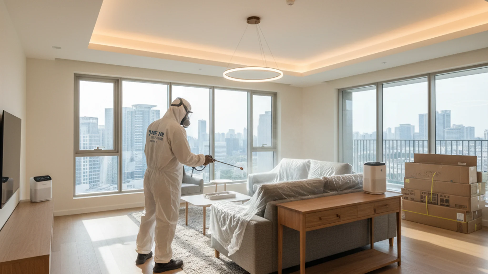 Professional indoor air quality technician treating a modern Singapore condo living room with formaldehyde removal spray after renovation