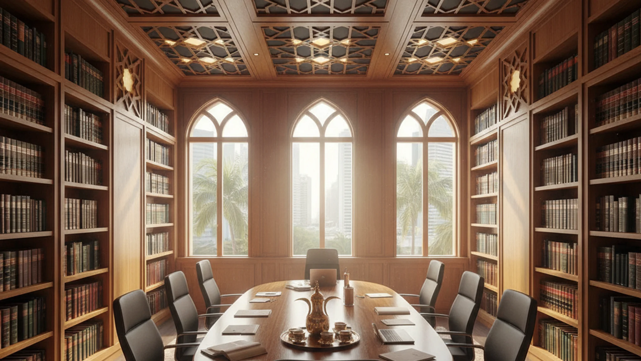 Professional Singapore law office interior with Islamic geometric patterns and warm wood bookshelves