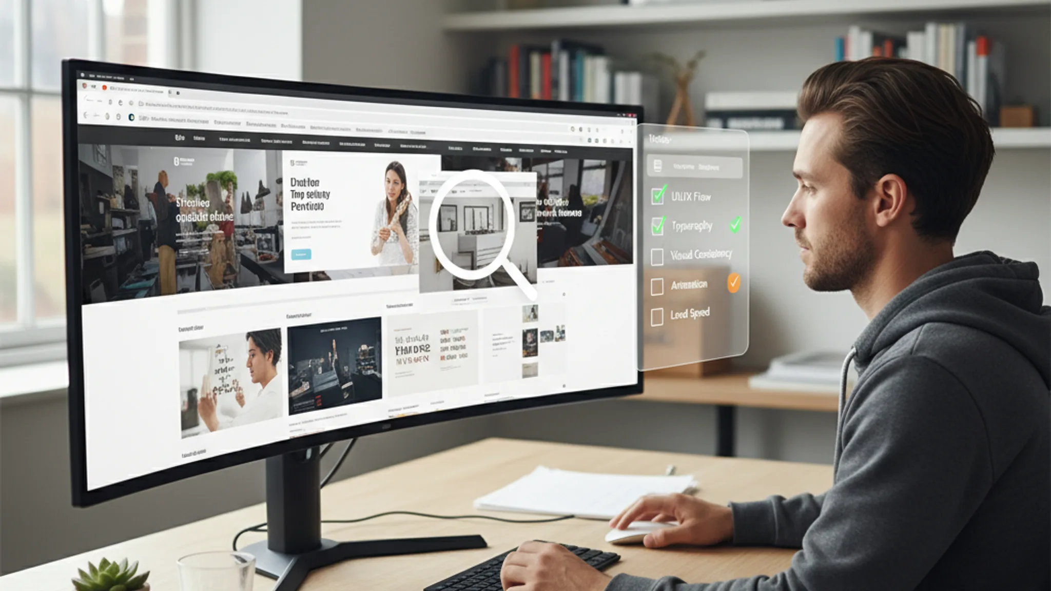 Designer reviewing portfolio websites on ultrawide monitor with quality checklist