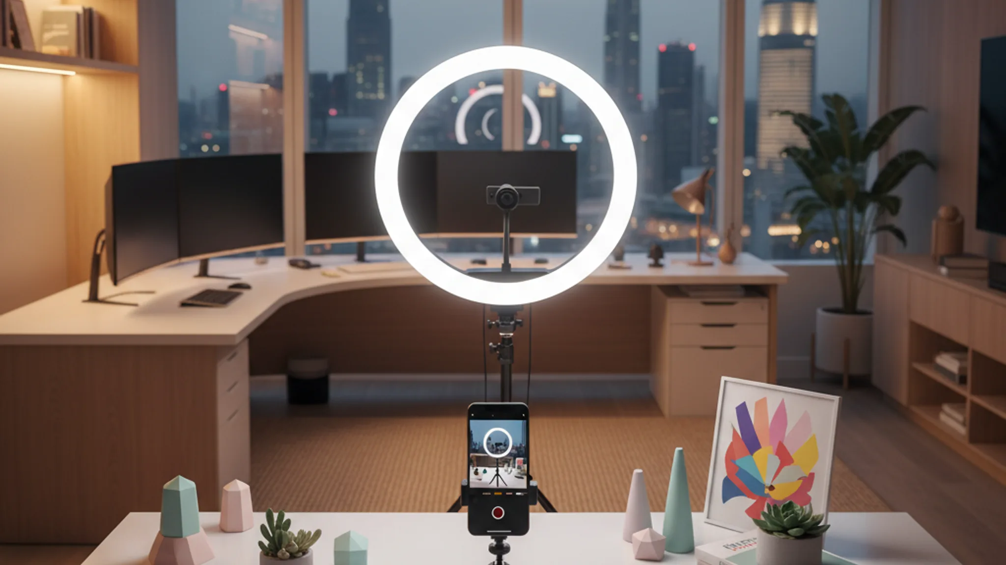 TikTok content creation setup with ring light and smartphone on tripod in a modern Singapore workspace
