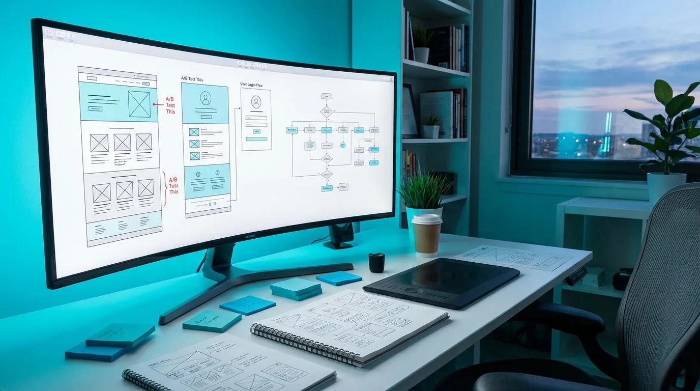 UX design wireframe and user flow diagrams with annotations showing conversion optimisation points