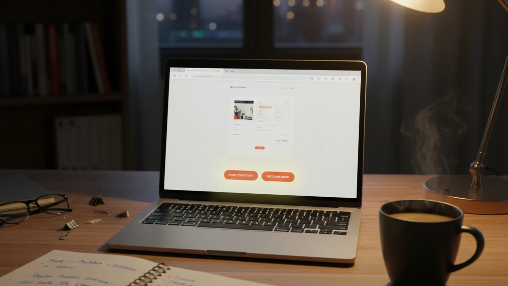 Writer workspace with laptop showing website draft and call-to-action buttons
