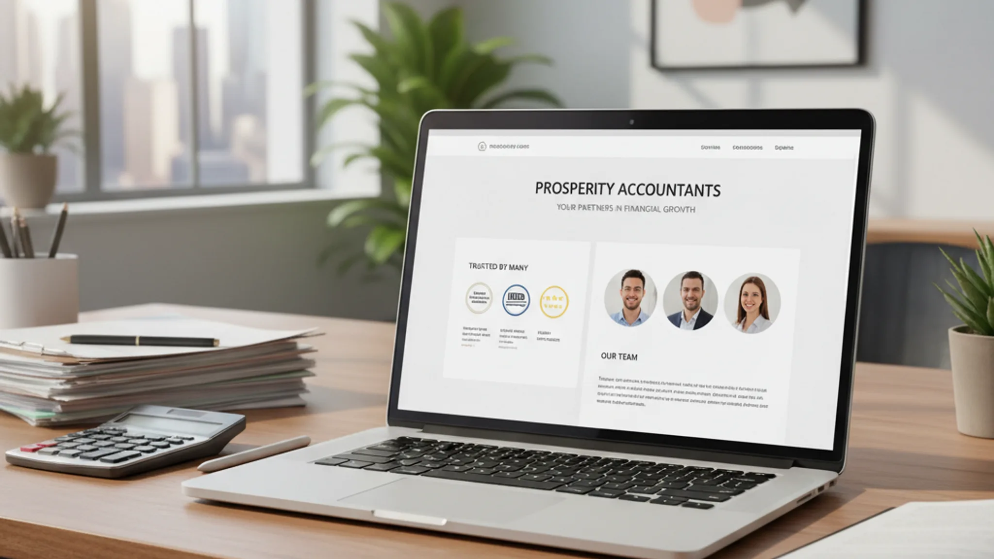 Professional accounting firm website displayed on laptop in modern office